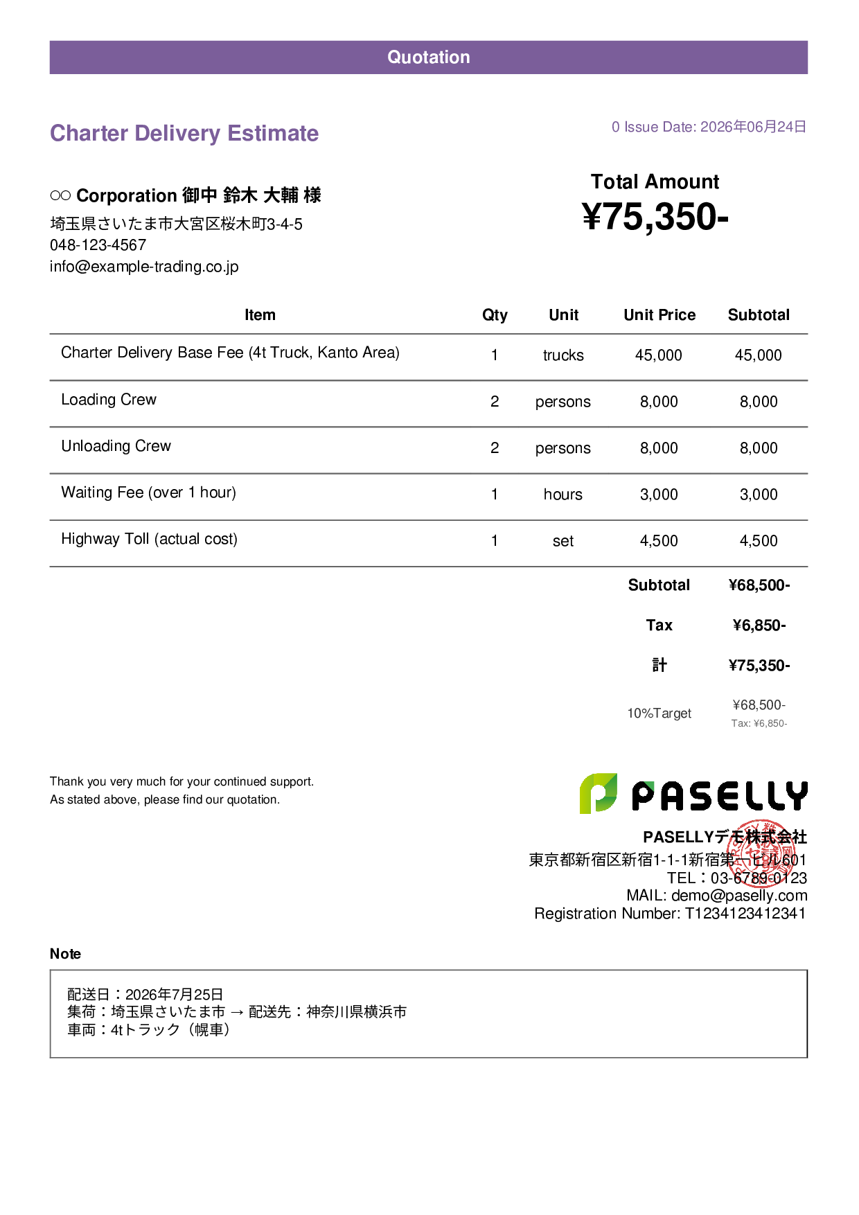 Charter Delivery Estimate - Casual