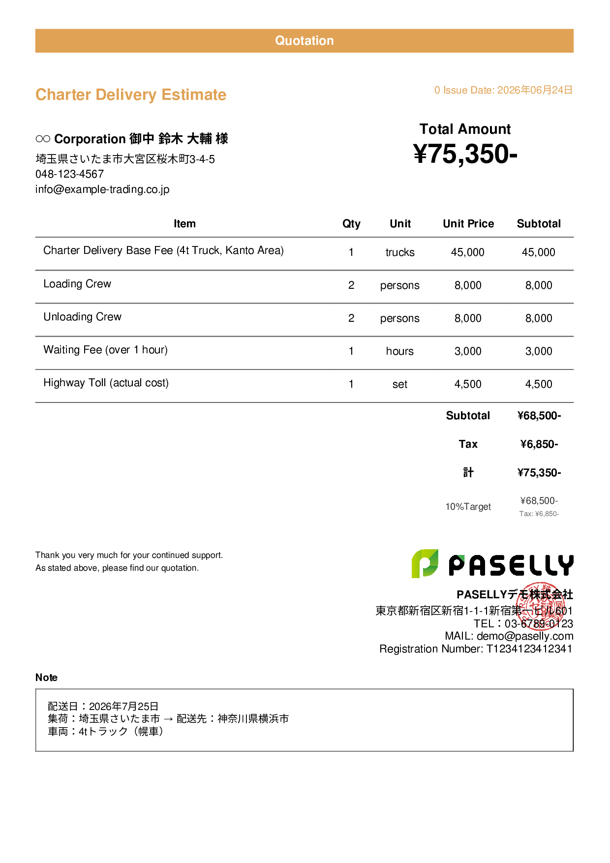 Charter Delivery Estimate - Casual
