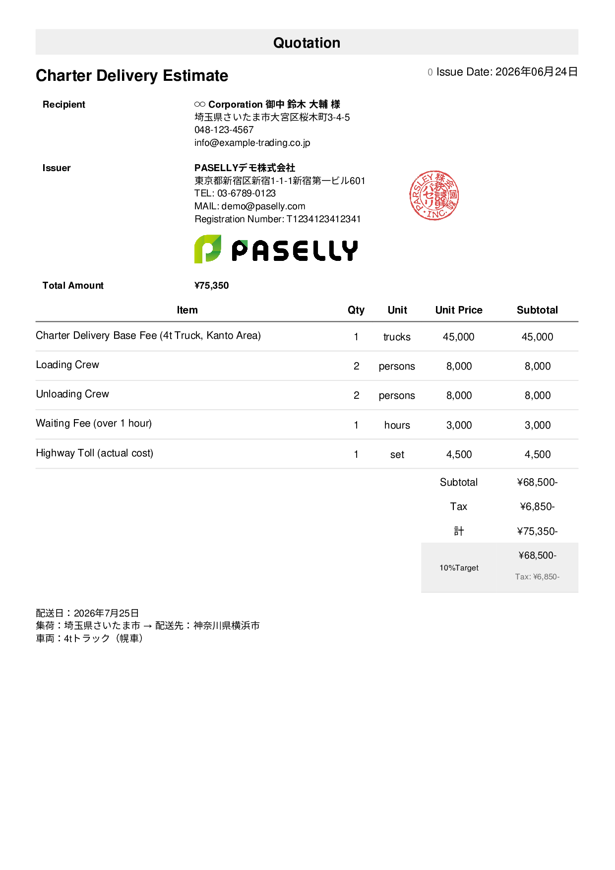 Charter Delivery Estimate - Simple 1