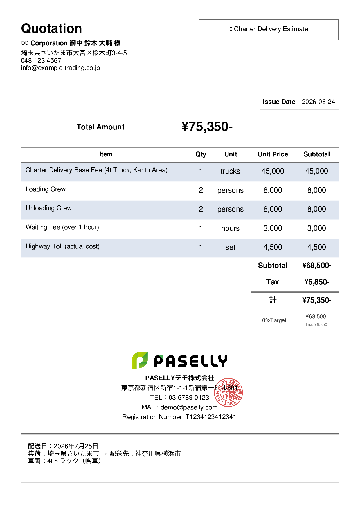 Charter Delivery Estimate - Simple 2