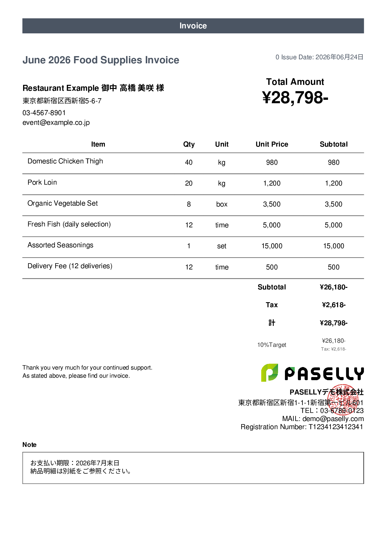 Food Supplier Invoice for Restaurants - Casual