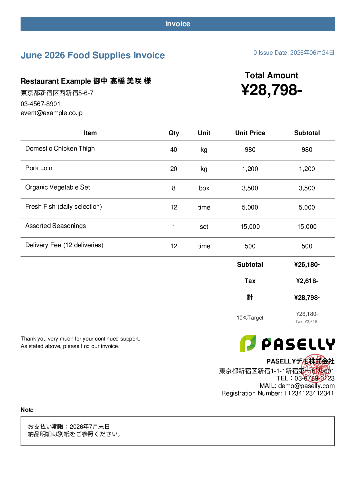Food Supplier Invoice for Restaurants - Casual