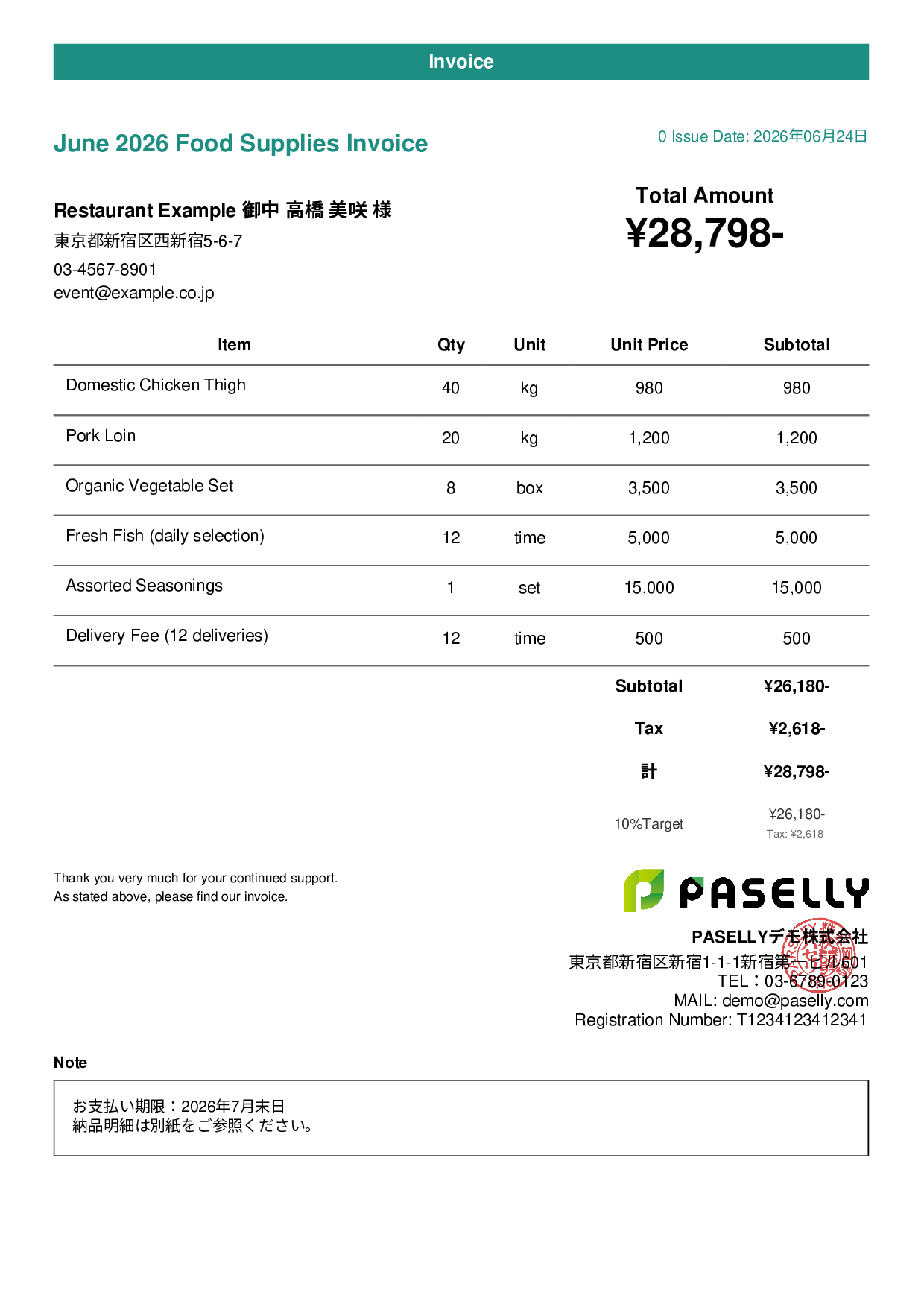 Food Supplier Invoice for Restaurants - Casual