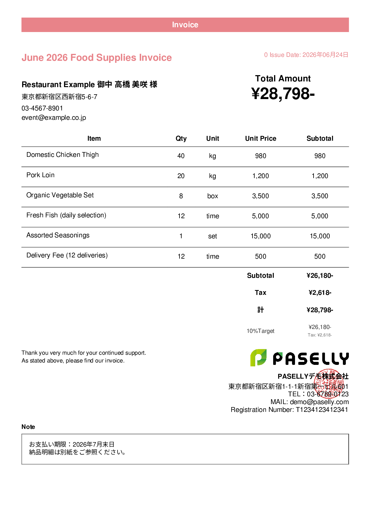 Food Supplier Invoice for Restaurants - Casual