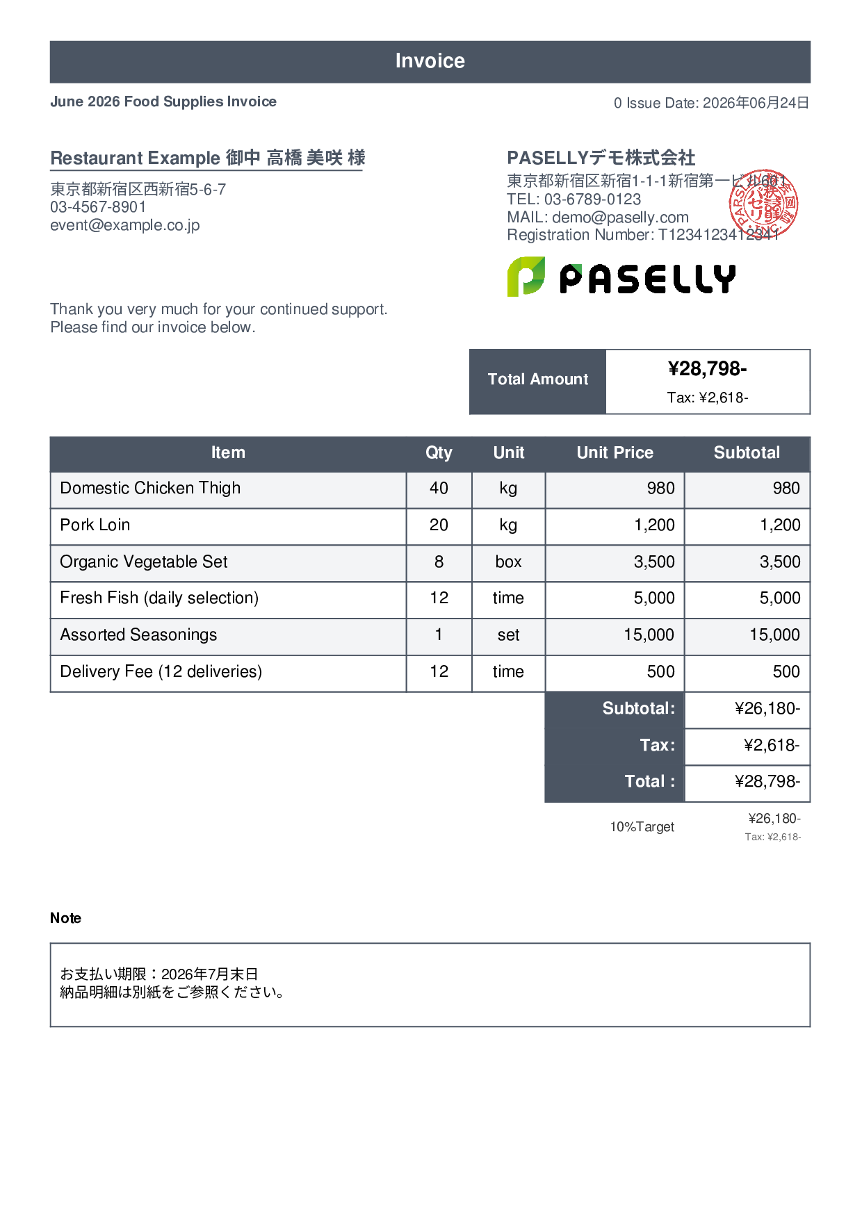 Food Supplier Invoice for Restaurants - Standard 1