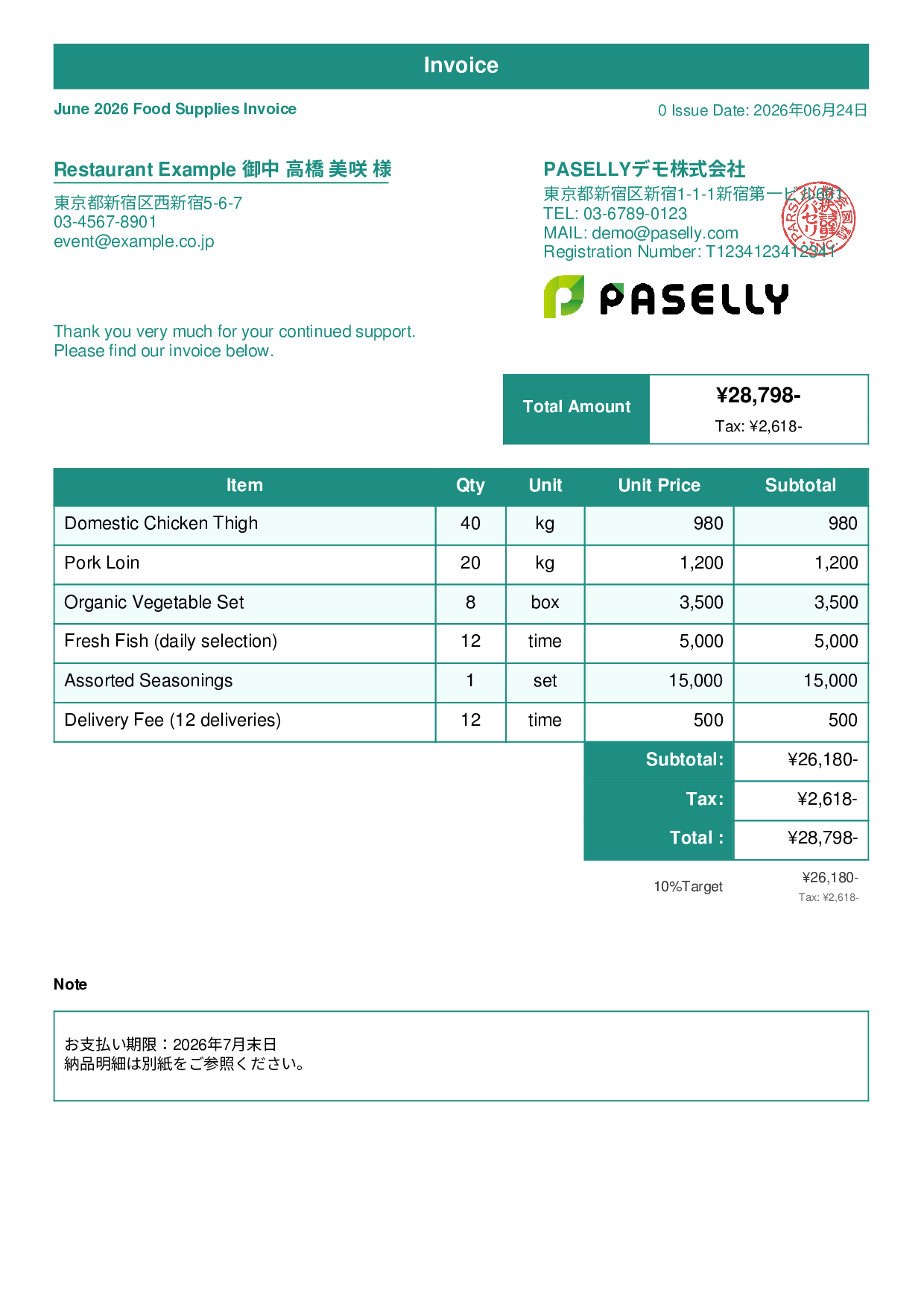 Food Supplier Invoice for Restaurants - Standard 1