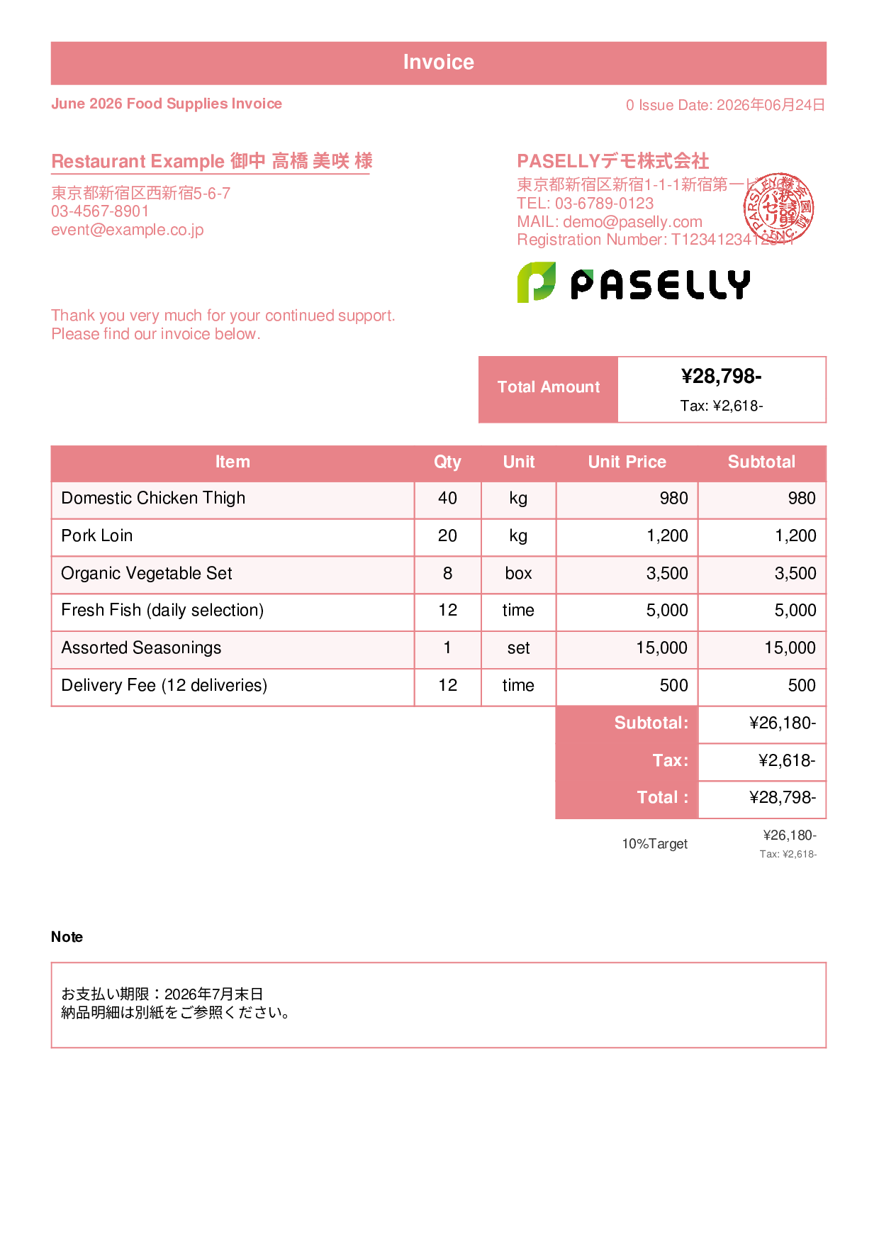 Food Supplier Invoice for Restaurants - Standard 1