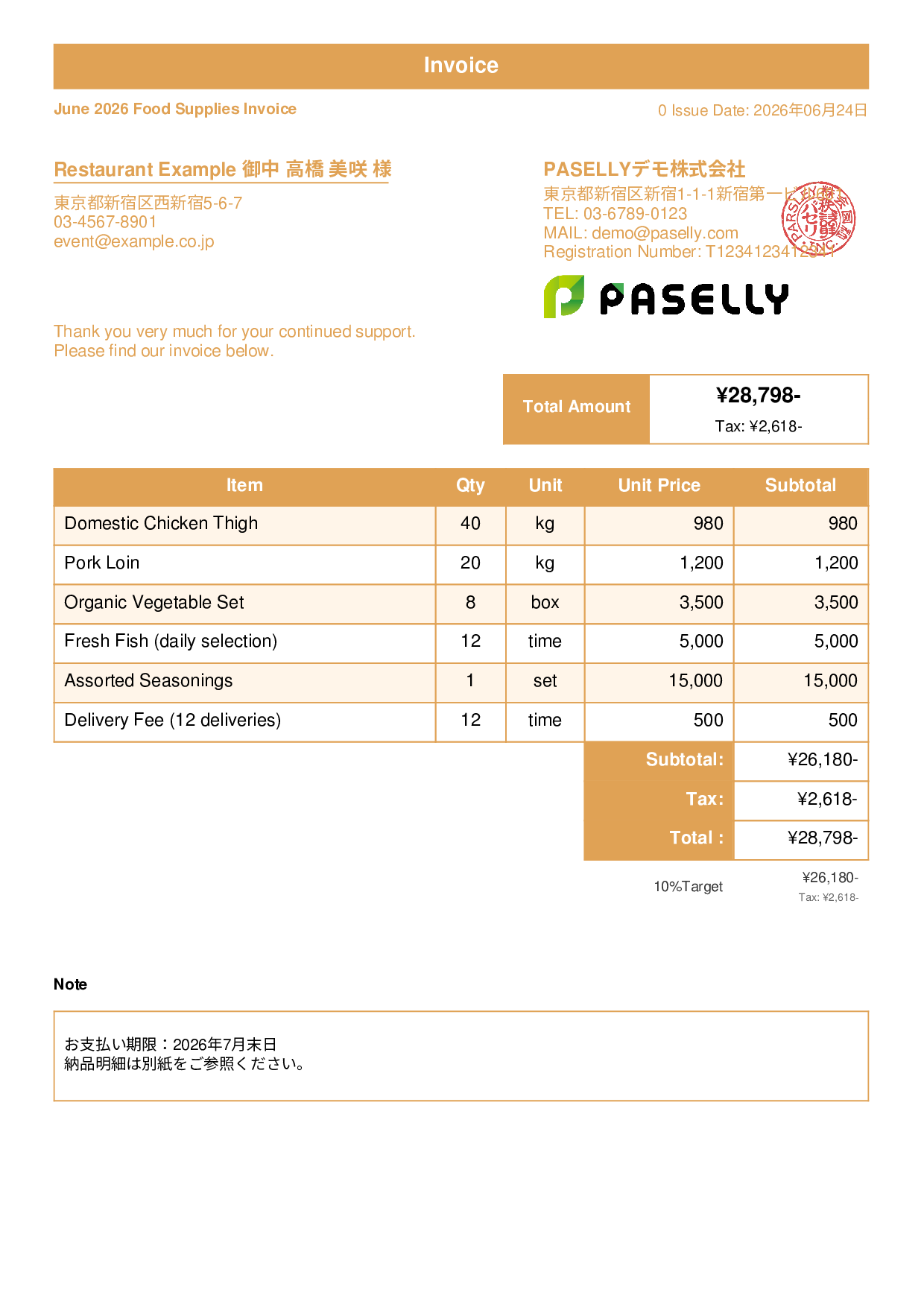 Food Supplier Invoice for Restaurants - Standard 1