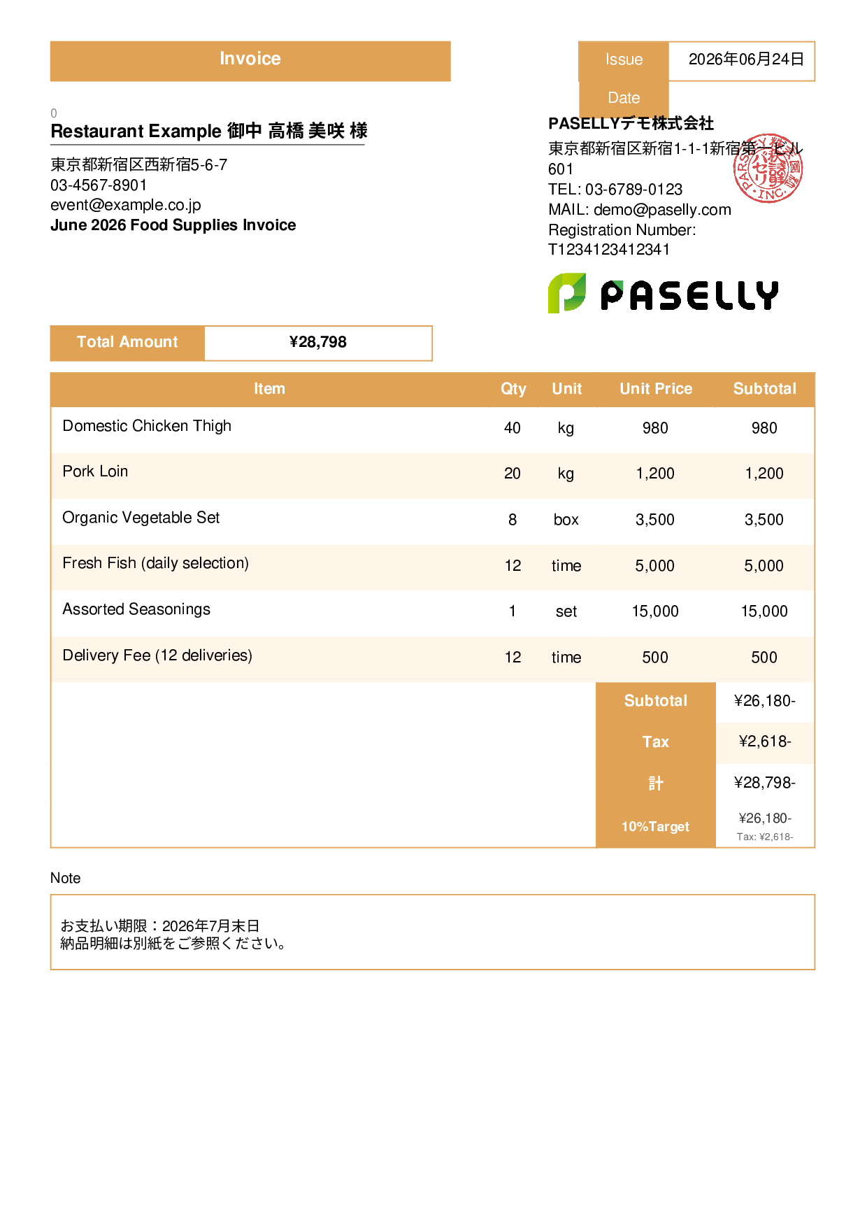 Food Supplier Invoice for Restaurants - Standard 3