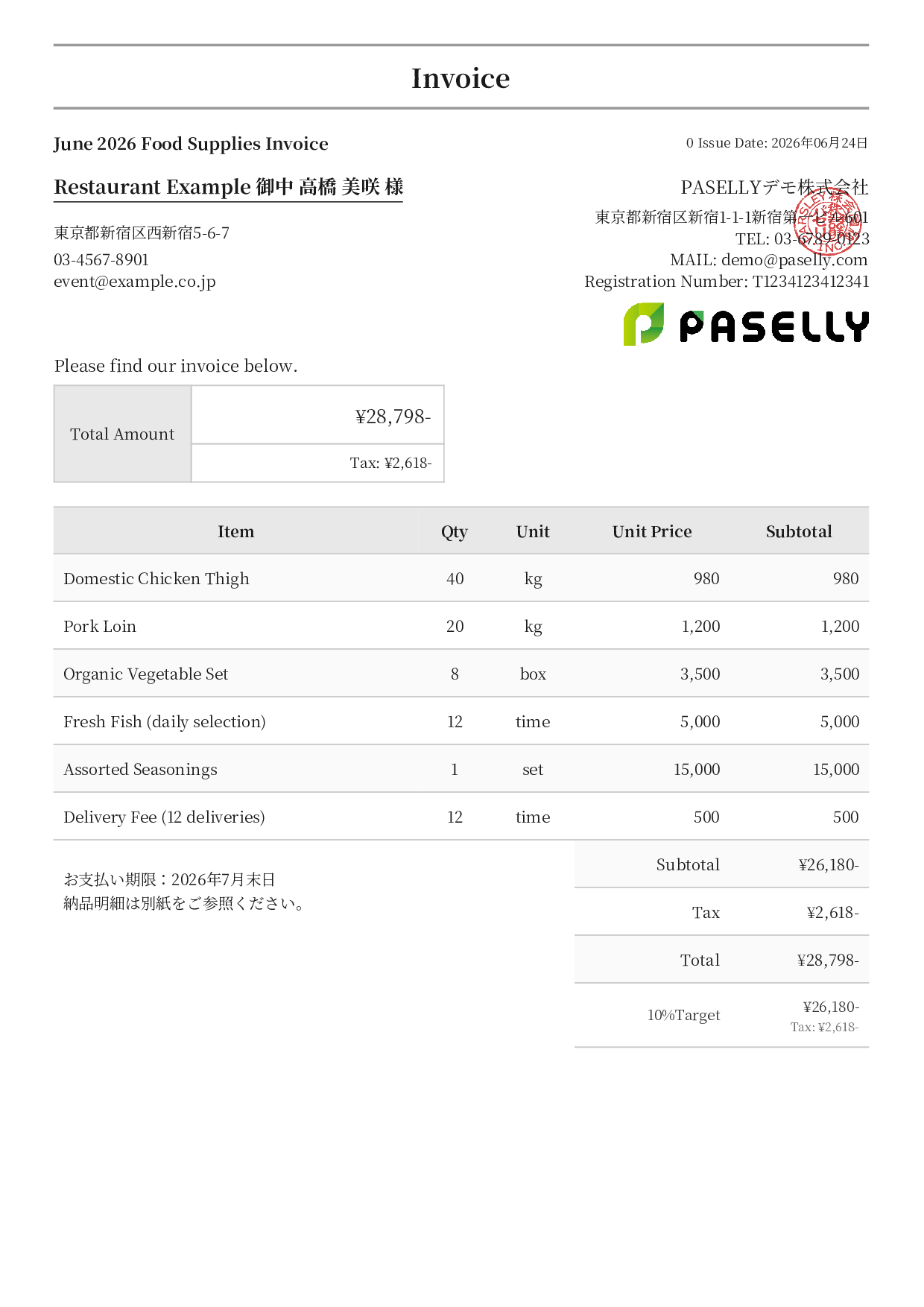 Food Supplier Invoice for Restaurants - Formal
