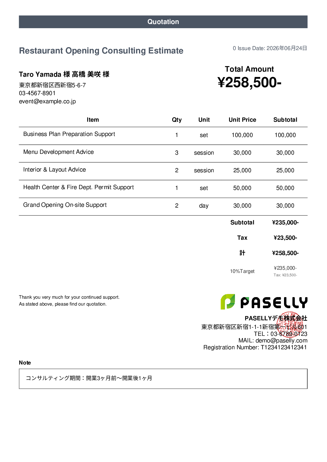 Restaurant Opening Consulting Estimate - Casual