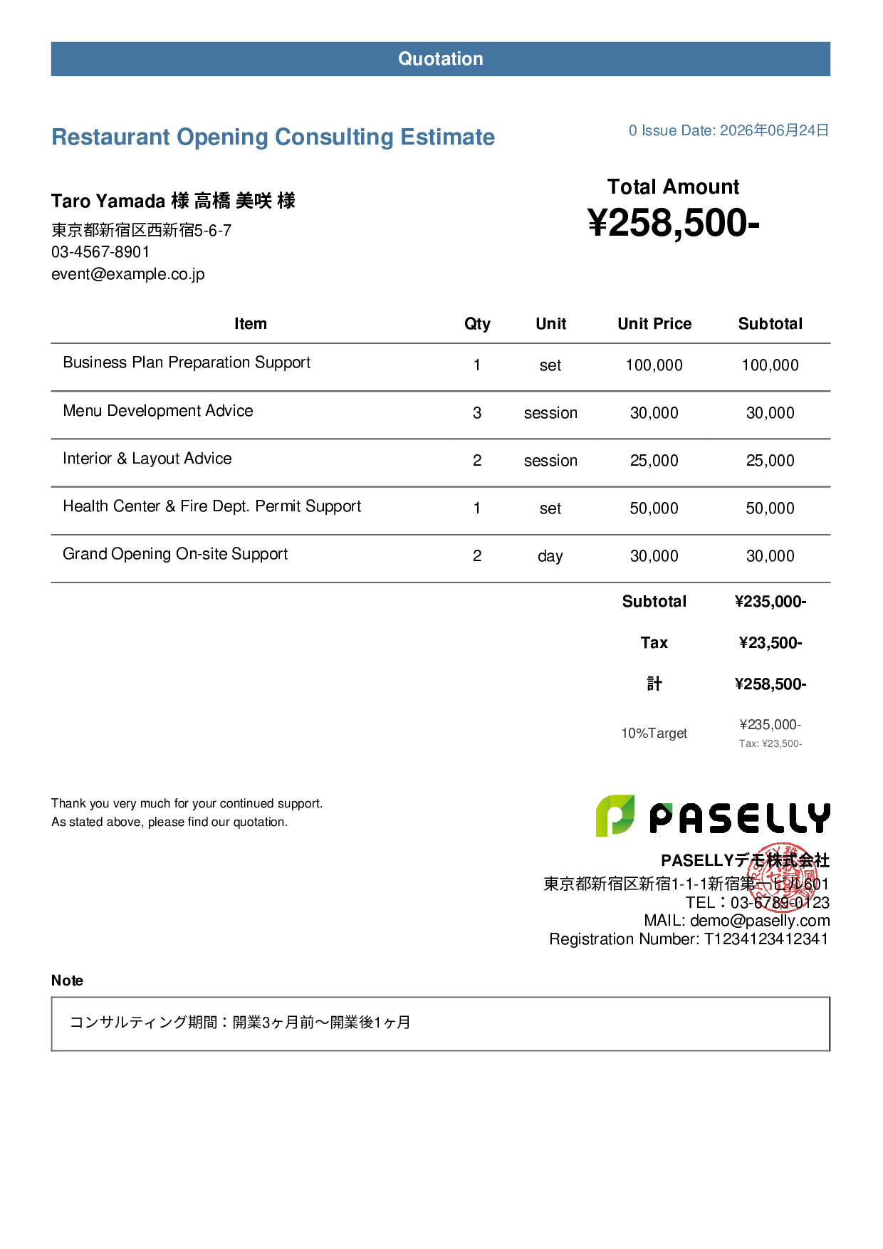 Restaurant Opening Consulting Estimate - Casual