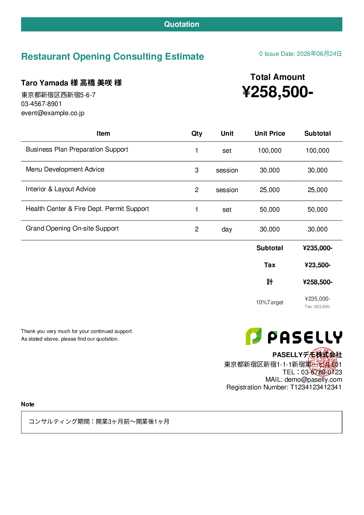 Restaurant Opening Consulting Estimate - Casual