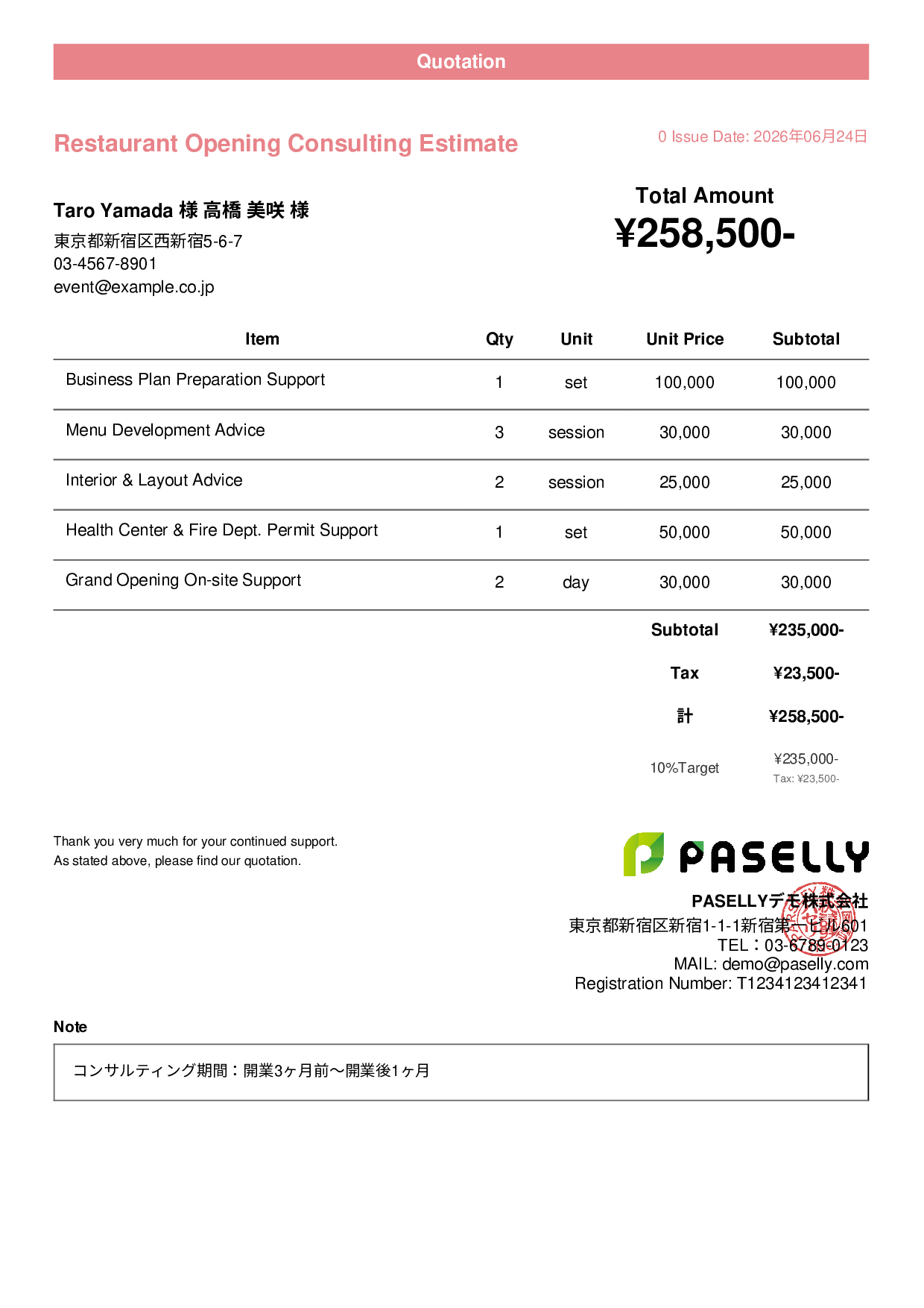 Restaurant Opening Consulting Estimate - Casual