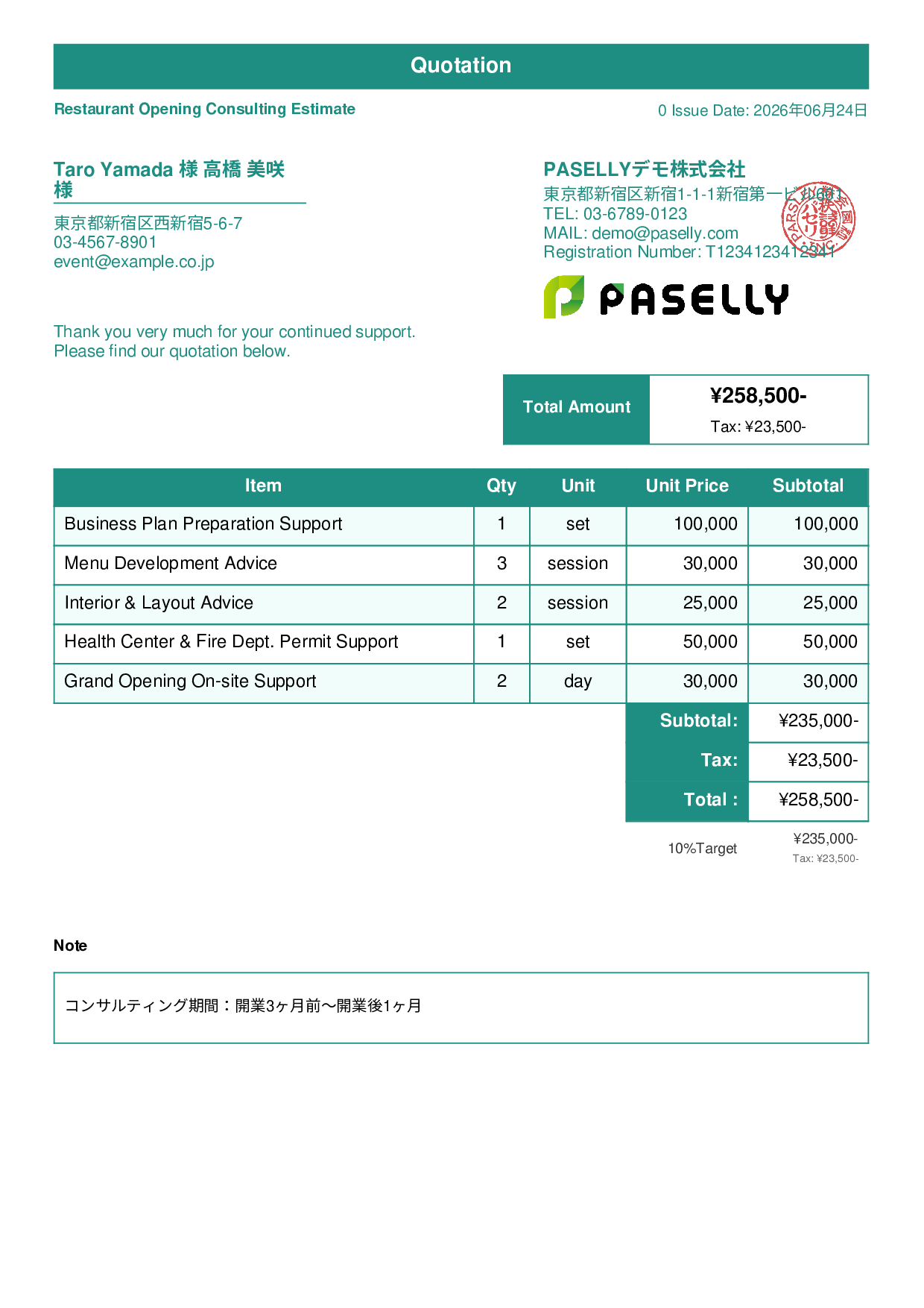 Restaurant Opening Consulting Estimate - Standard 1