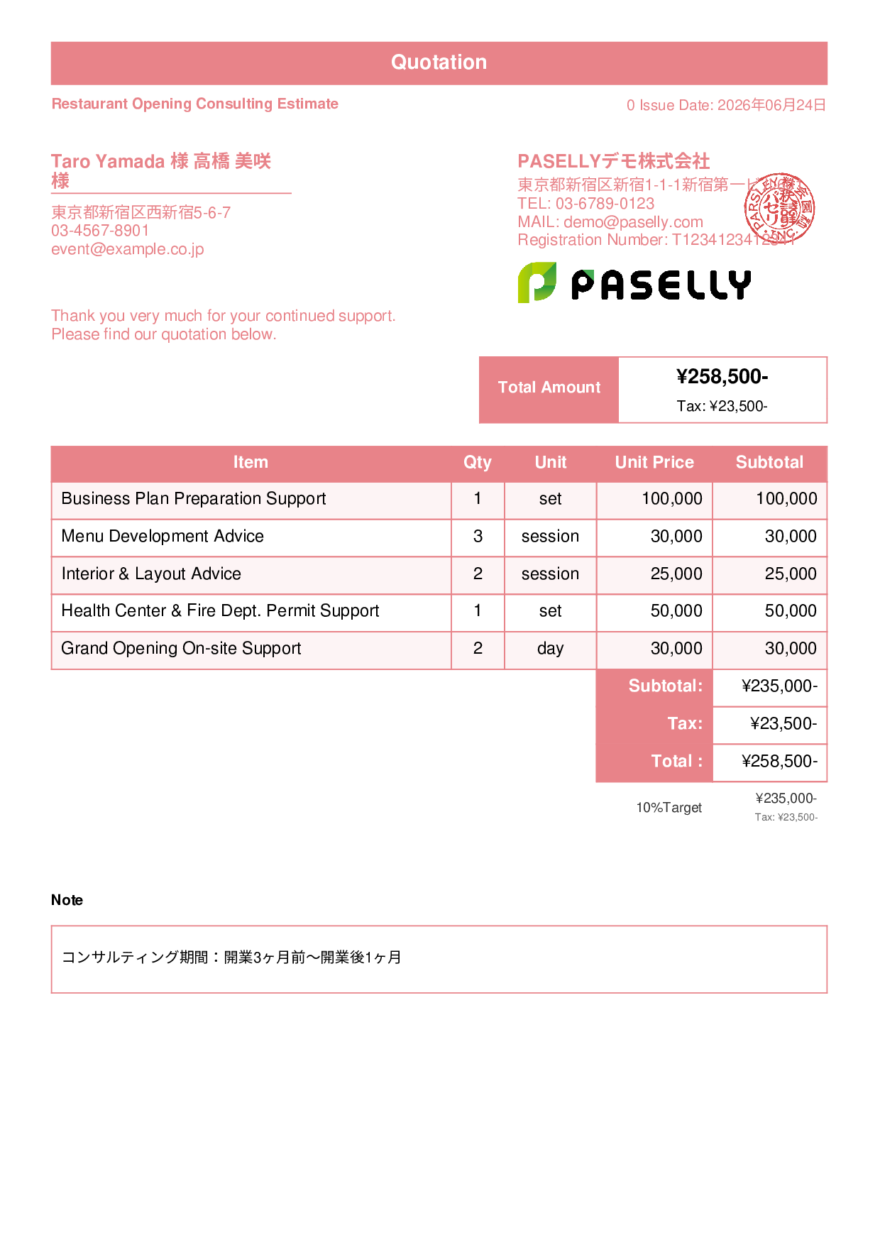 Restaurant Opening Consulting Estimate - Standard 1
