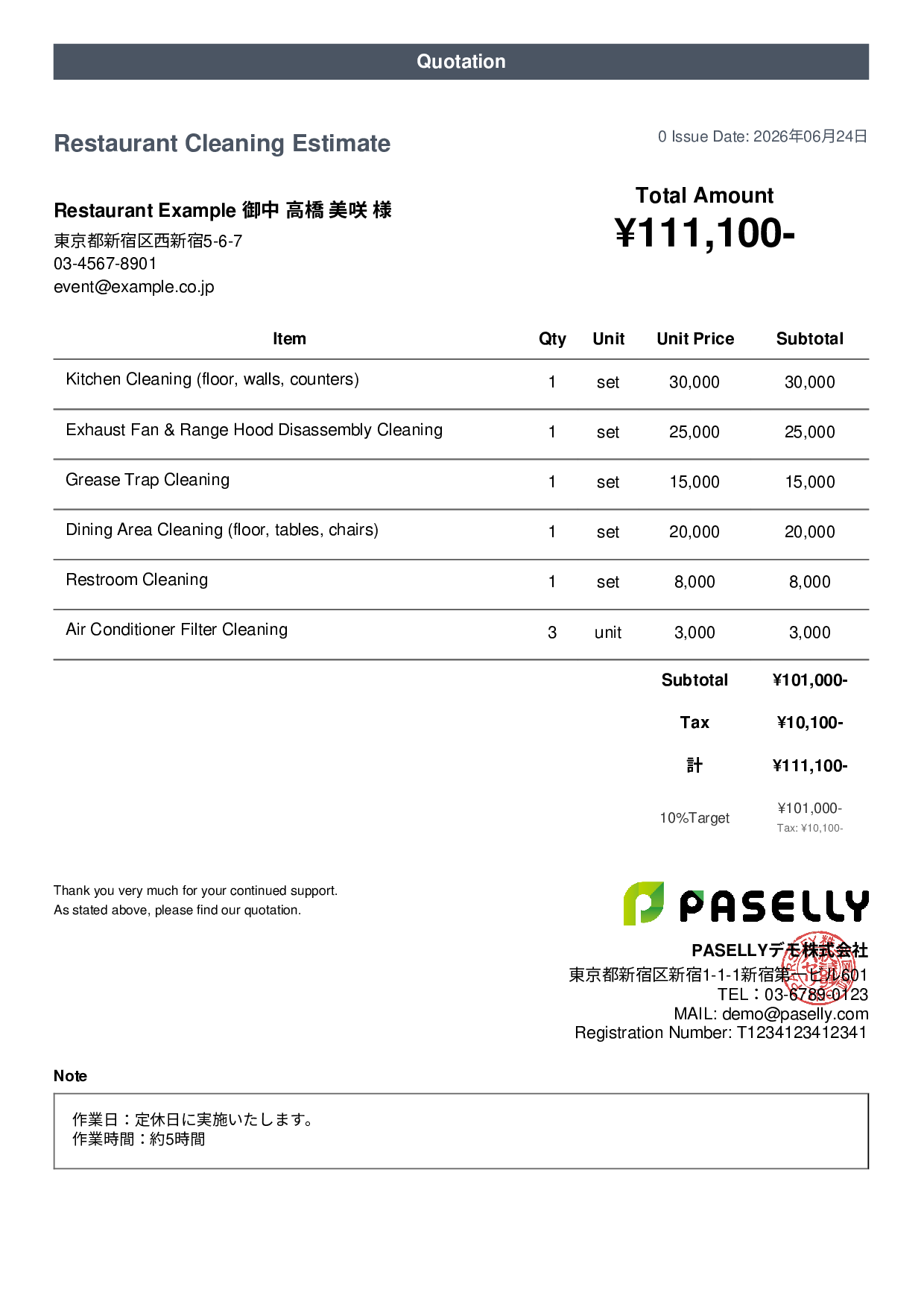 Restaurant Cleaning Service Estimate