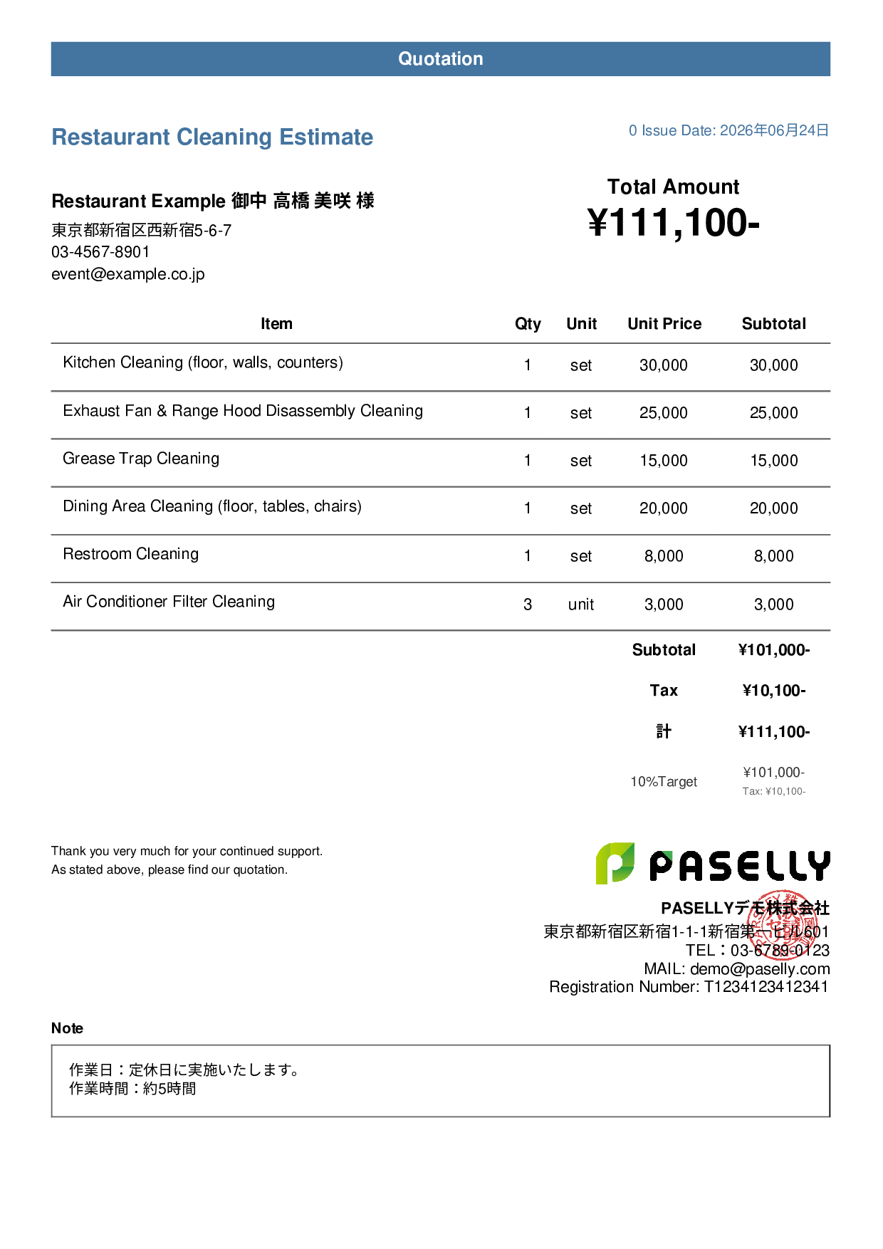 Restaurant Cleaning Service Estimate - Casual