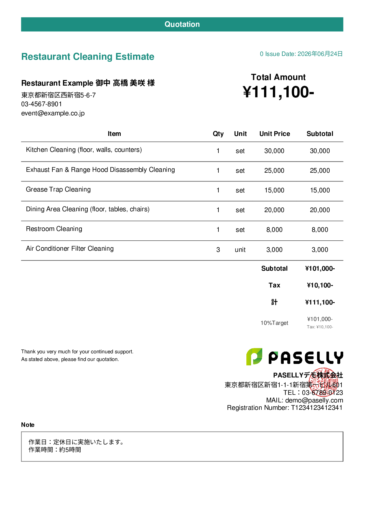 Restaurant Cleaning Service Estimate - Casual