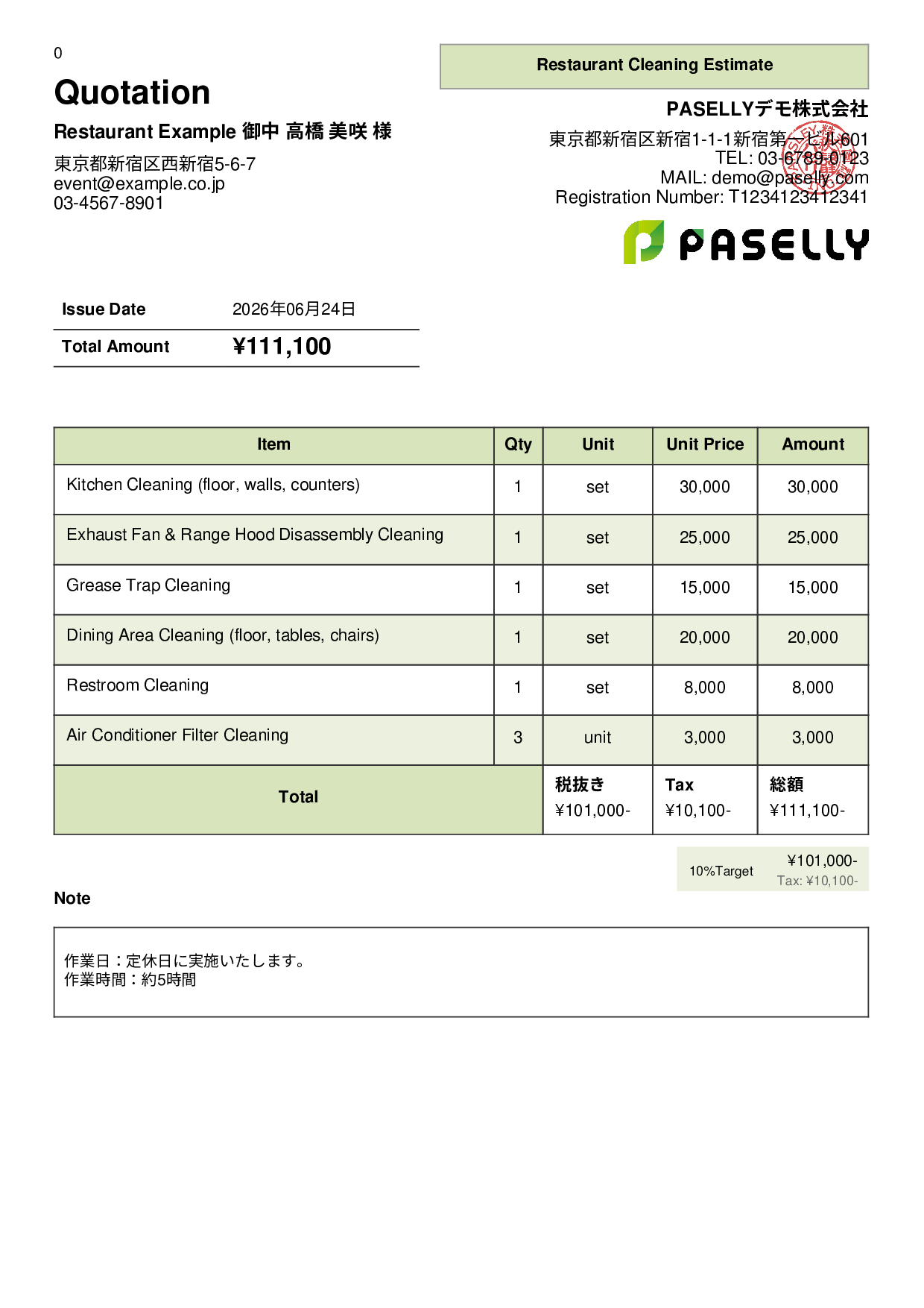 Restaurant Cleaning Service Estimate - Panel
