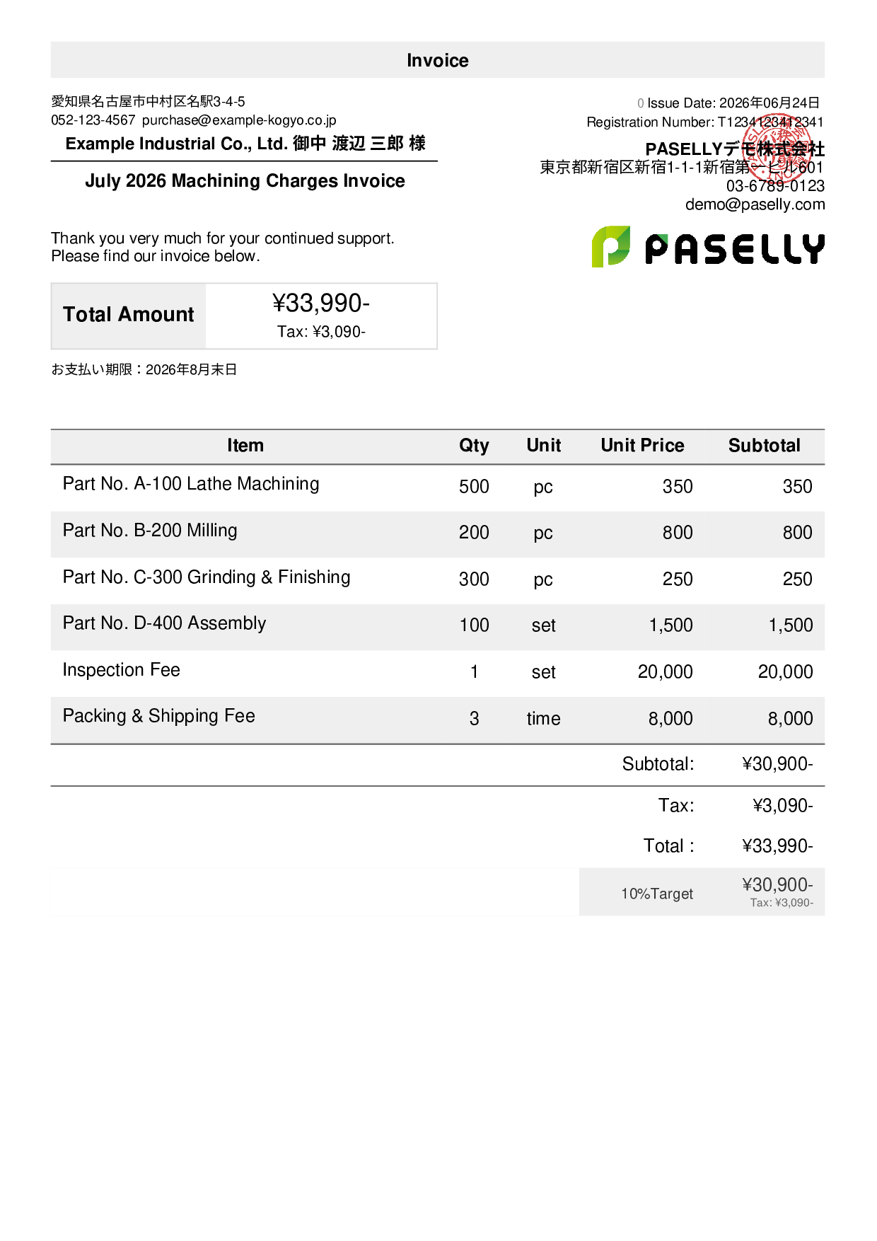 Monthly Machining Invoice for Manufacturing