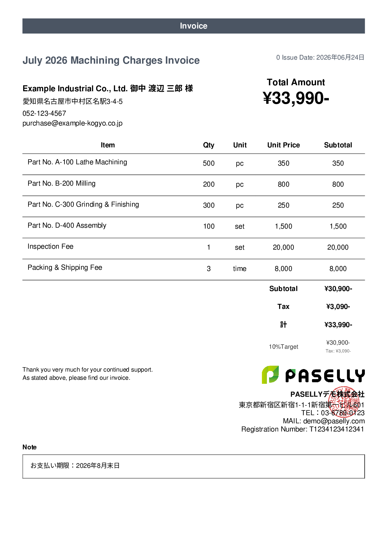 Monthly Machining Invoice for Manufacturing