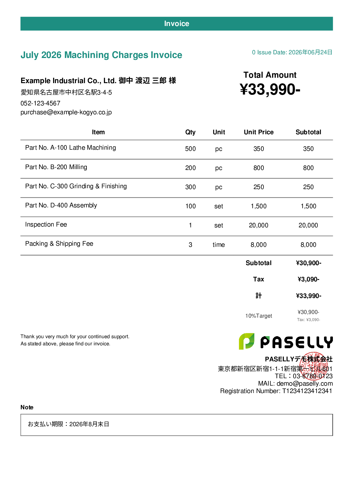Monthly Machining Invoice for Manufacturing - Casual