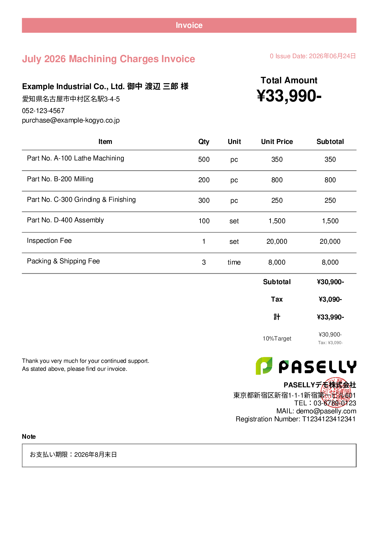 Monthly Machining Invoice for Manufacturing - Casual