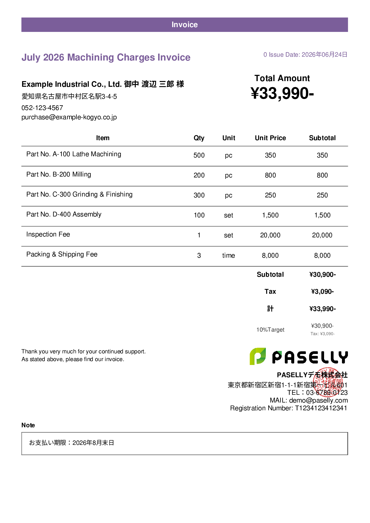 Monthly Machining Invoice for Manufacturing - Casual