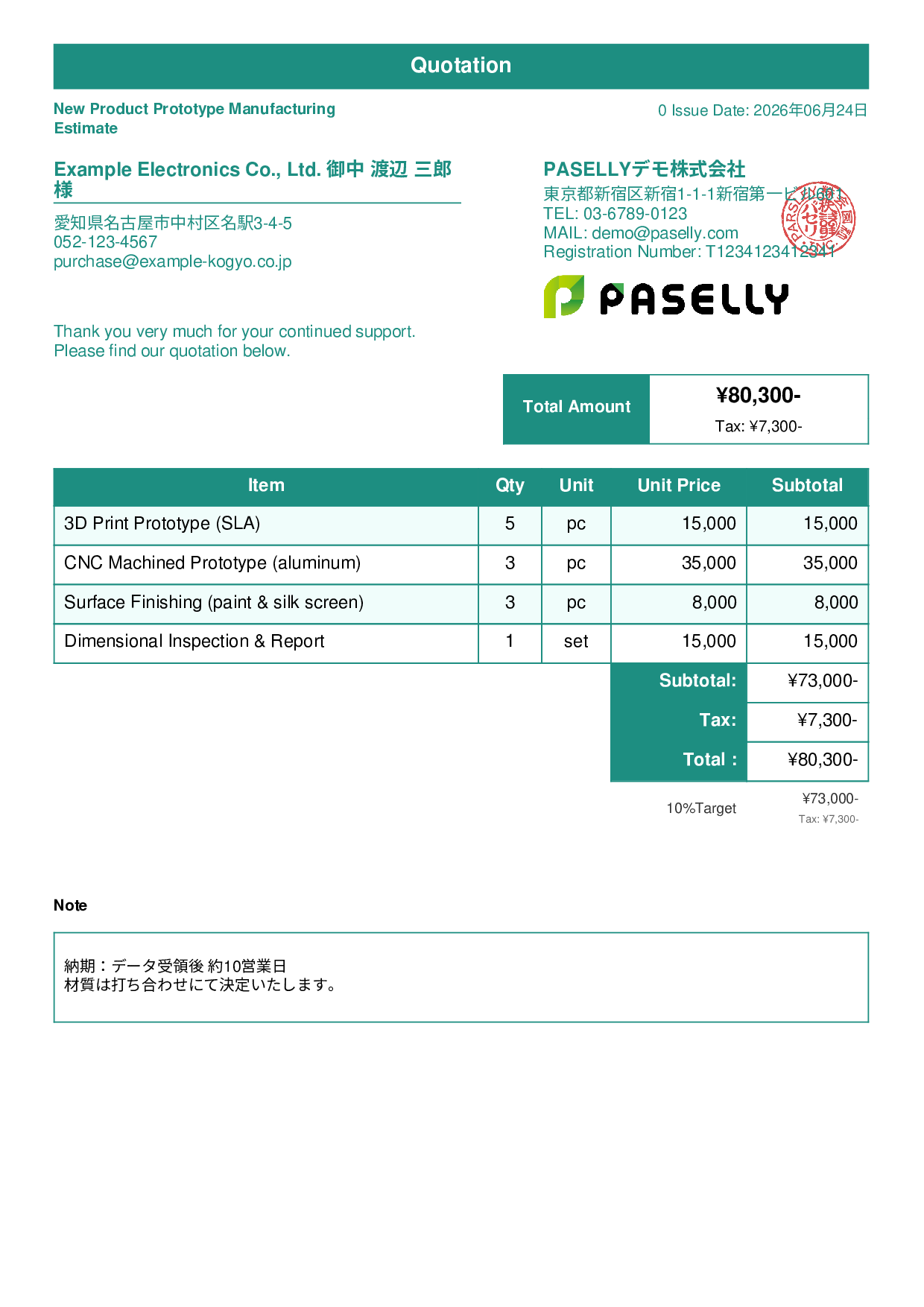Prototype Manufacturing Estimate - Standard 1