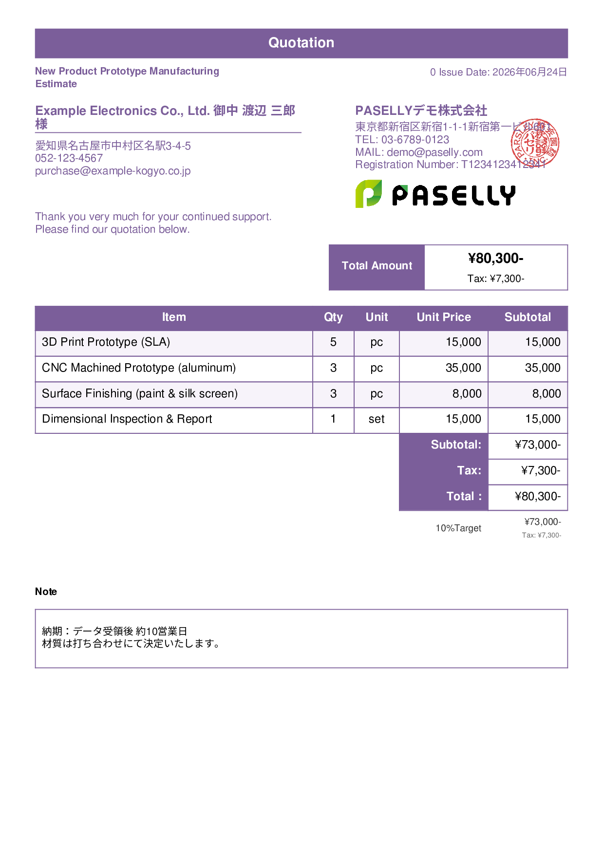 Prototype Manufacturing Estimate - Standard 1