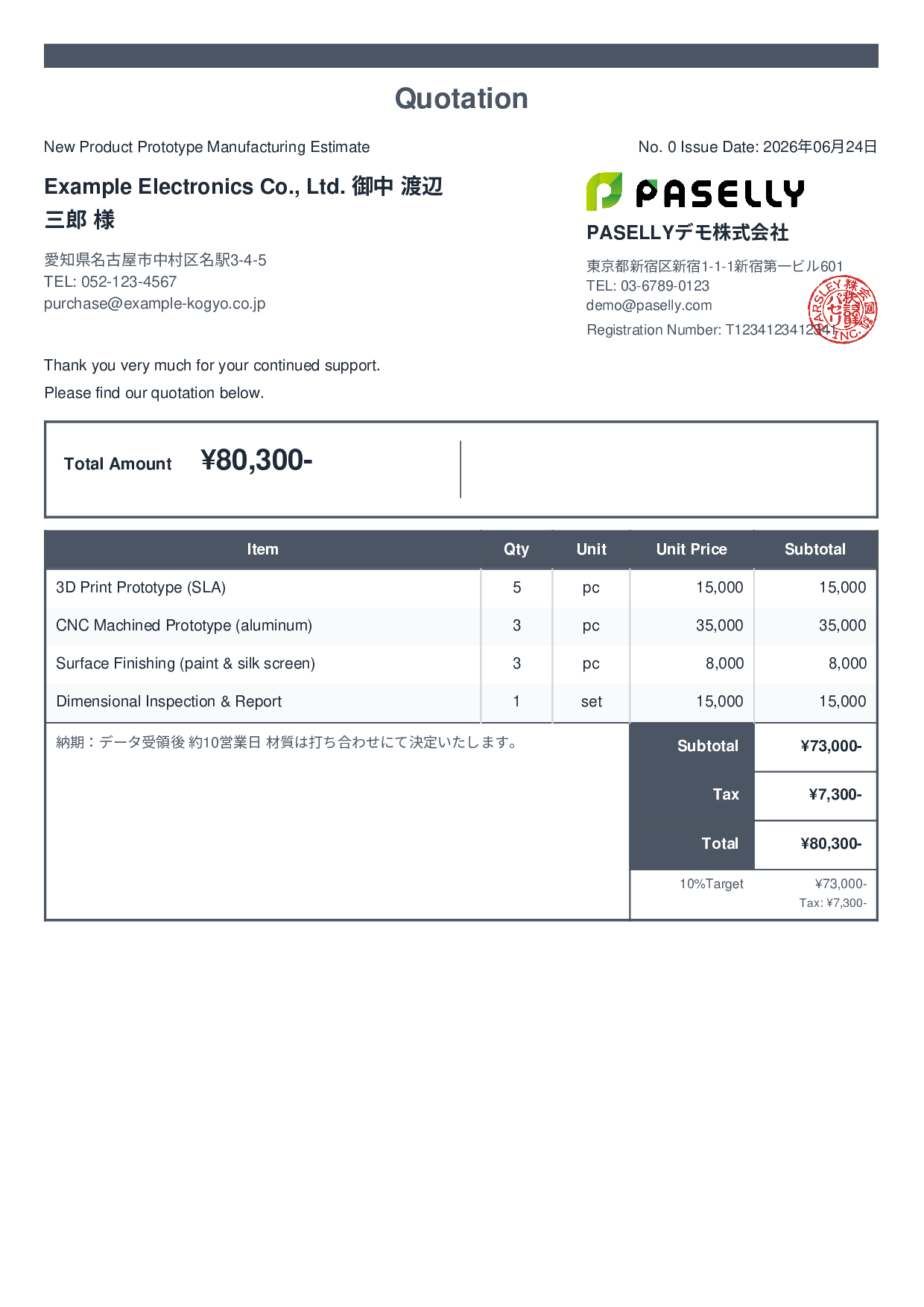 Prototype Manufacturing Estimate - Standard 2