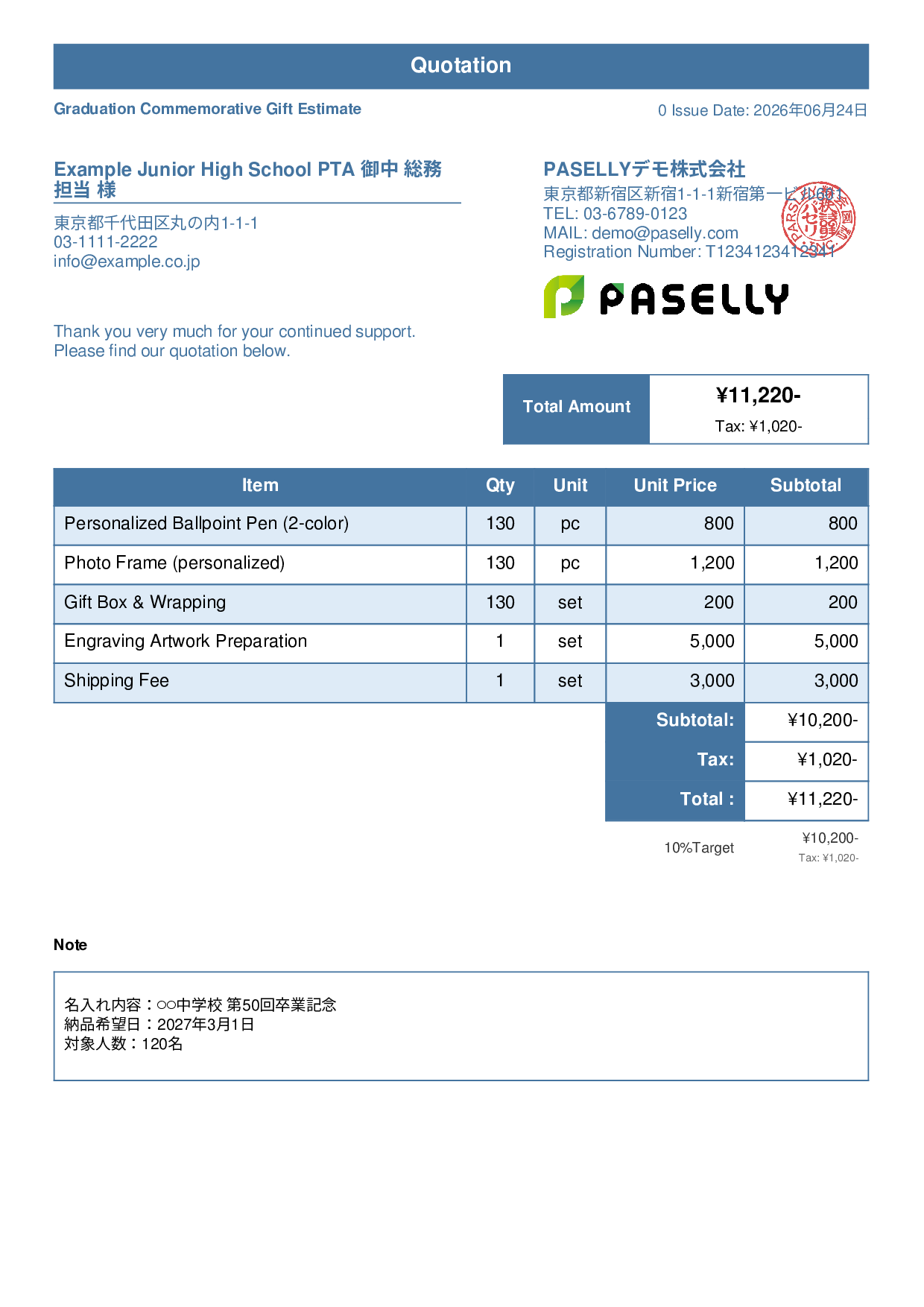 Graduation & Entrance Ceremony Gift Estimate - Standard 1