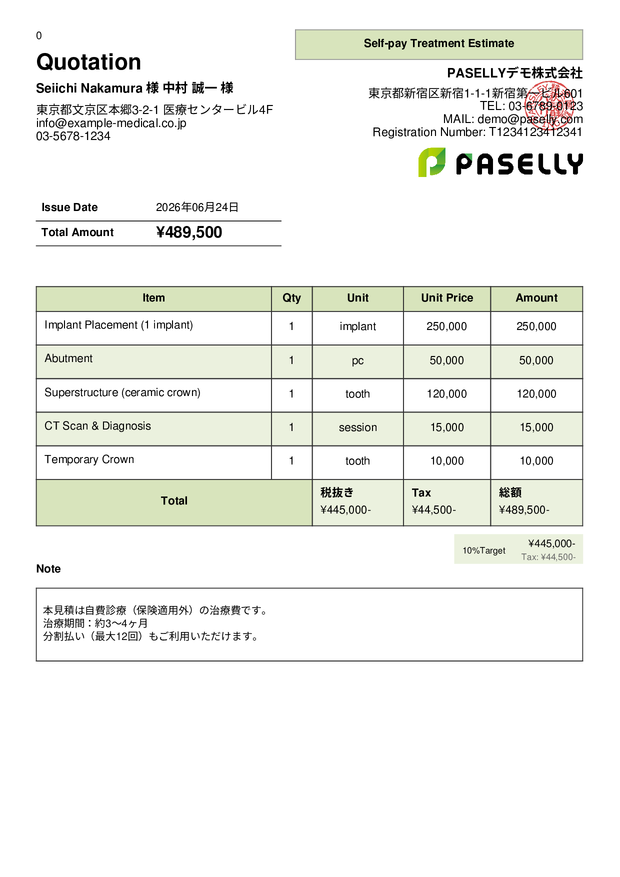 Dental Self-pay Treatment Estimate - Panel