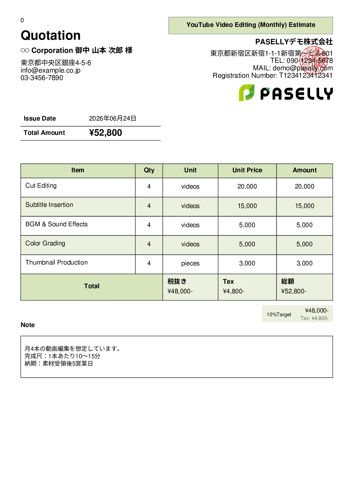 Freelance Video Editing Estimate - Panel