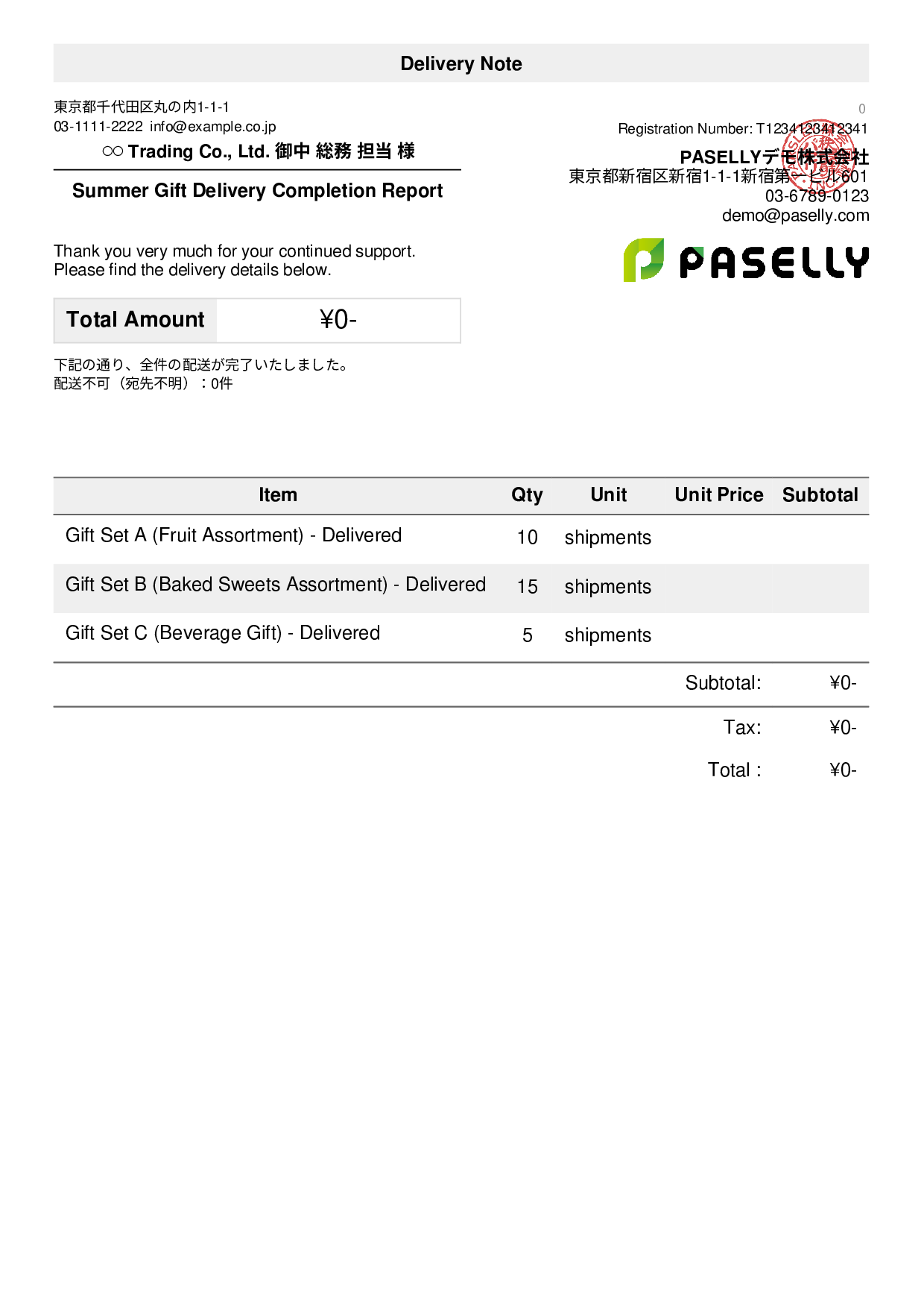 Summer Gift Delivery Completion Report (Delivery Note)