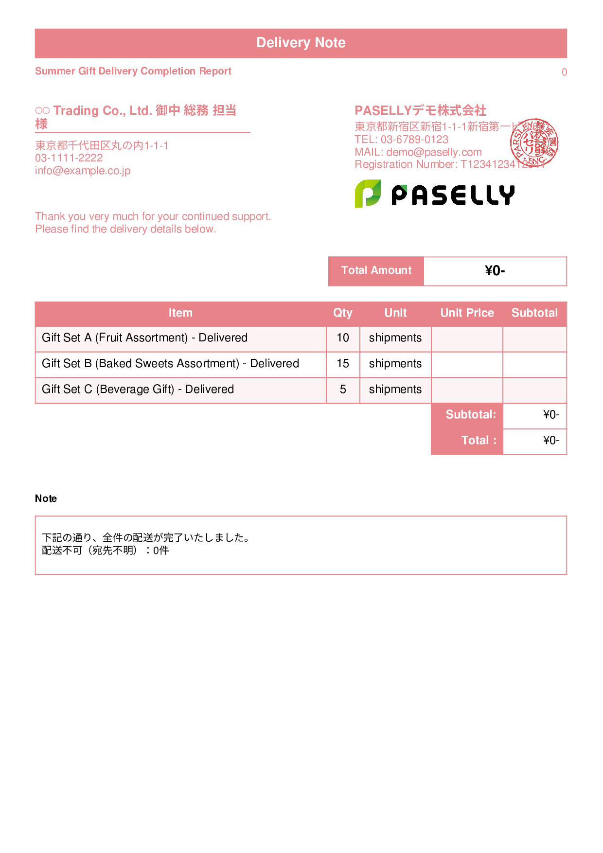 Summer Gift Delivery Completion Report (Delivery Note) - Standard 1