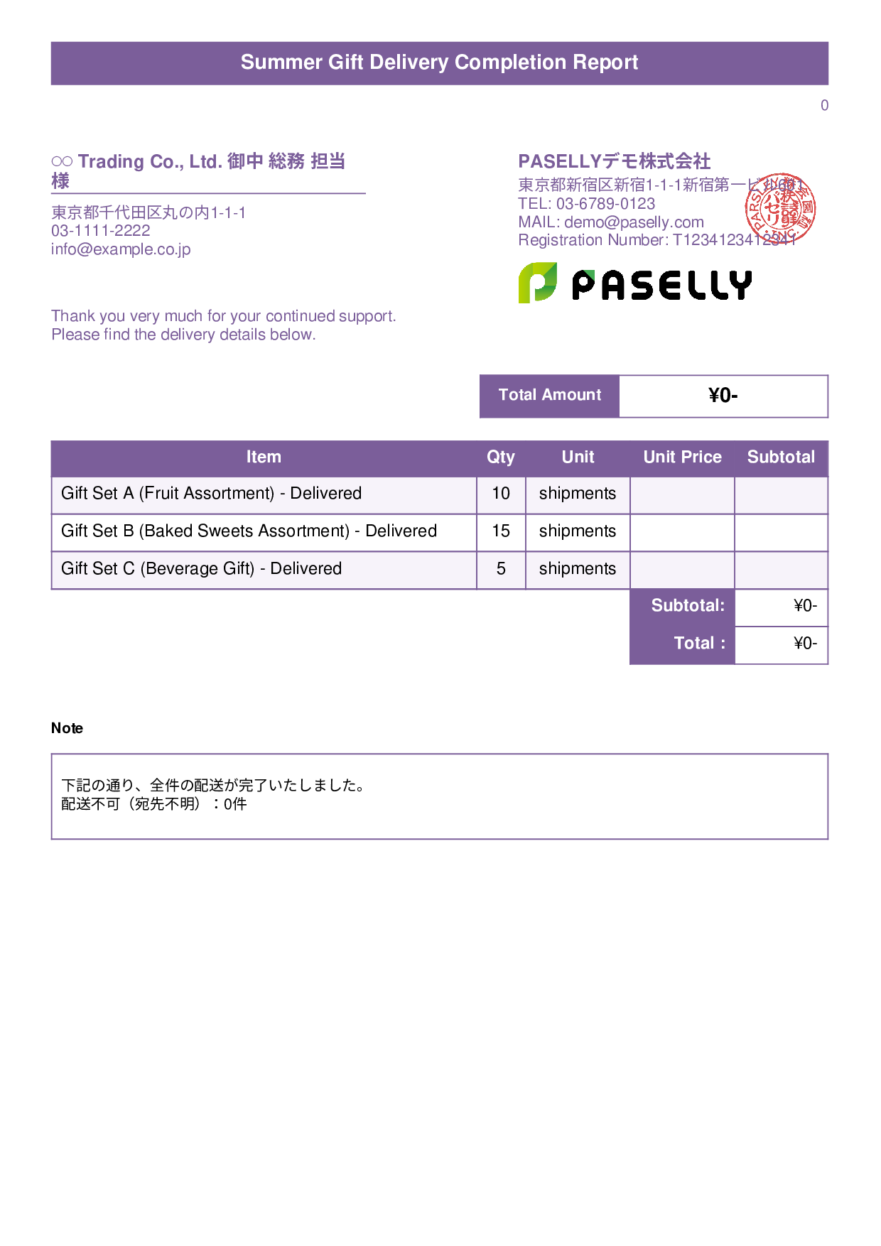 Summer Gift Delivery Completion Report (Delivery Note) - Title Banner