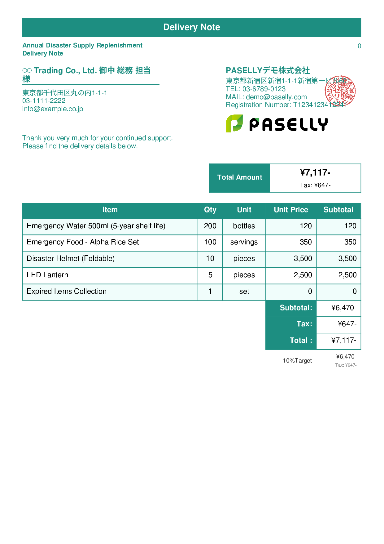 Disaster Preparedness Supplies Delivery Note - Standard 1