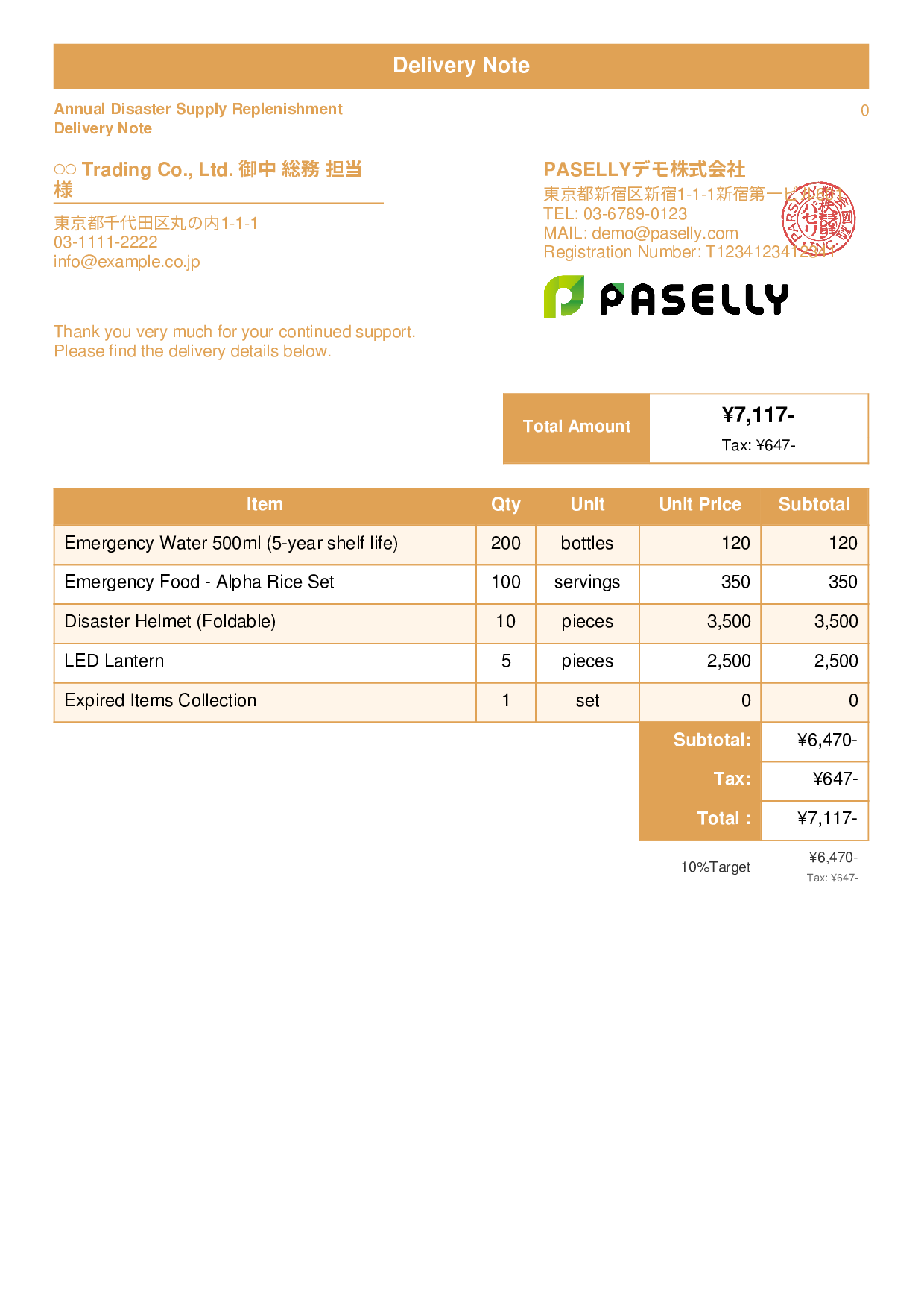 Disaster Preparedness Supplies Delivery Note - Standard 1