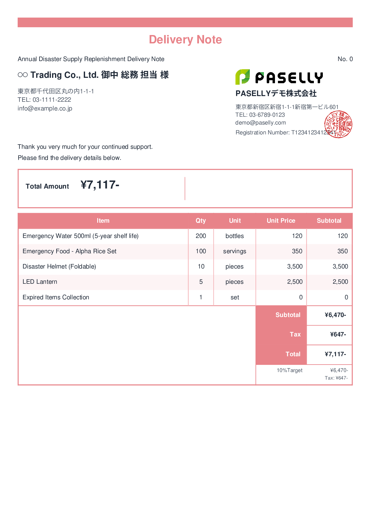 Disaster Preparedness Supplies Delivery Note - Standard 2
