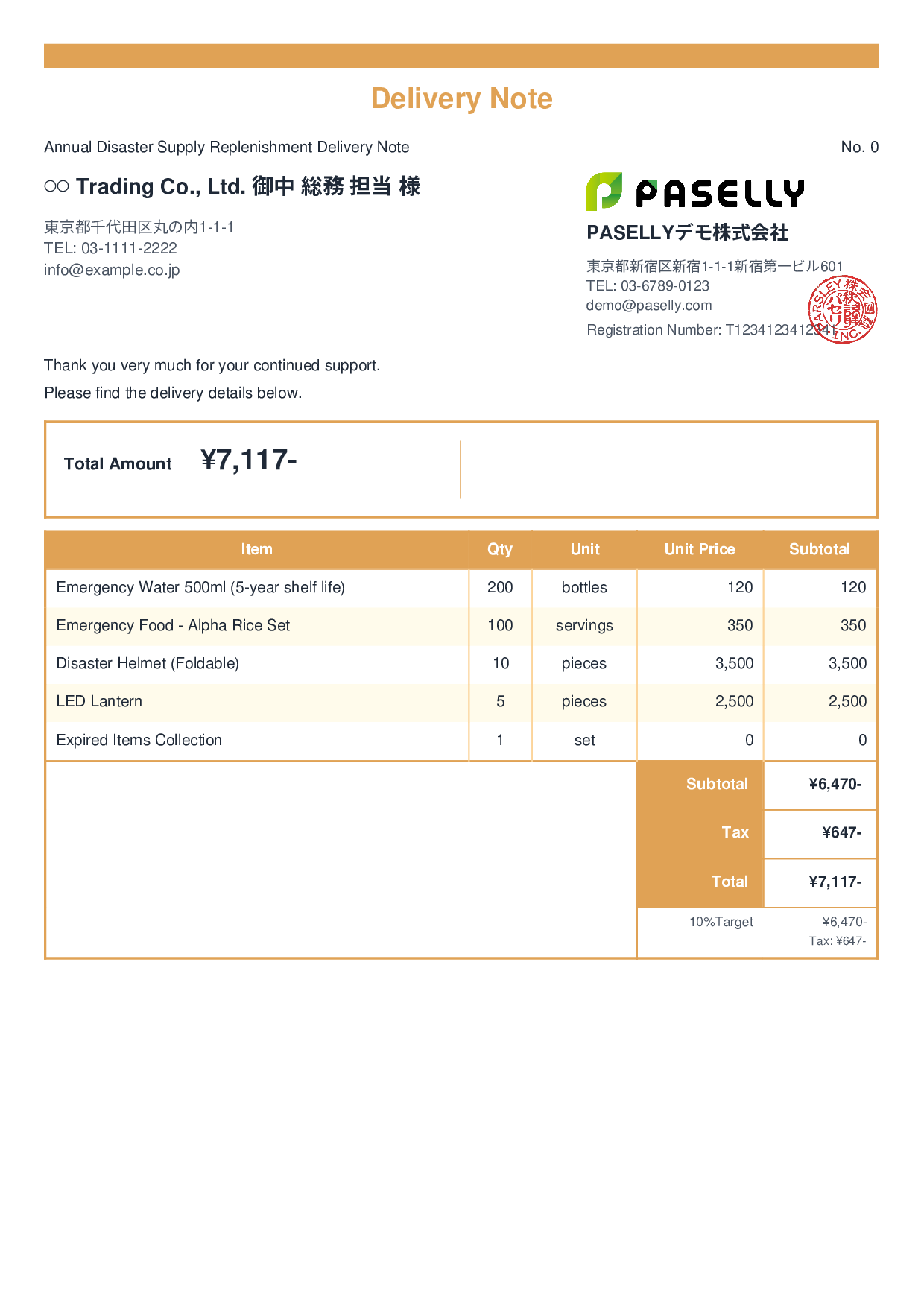 Disaster Preparedness Supplies Delivery Note - Standard 2