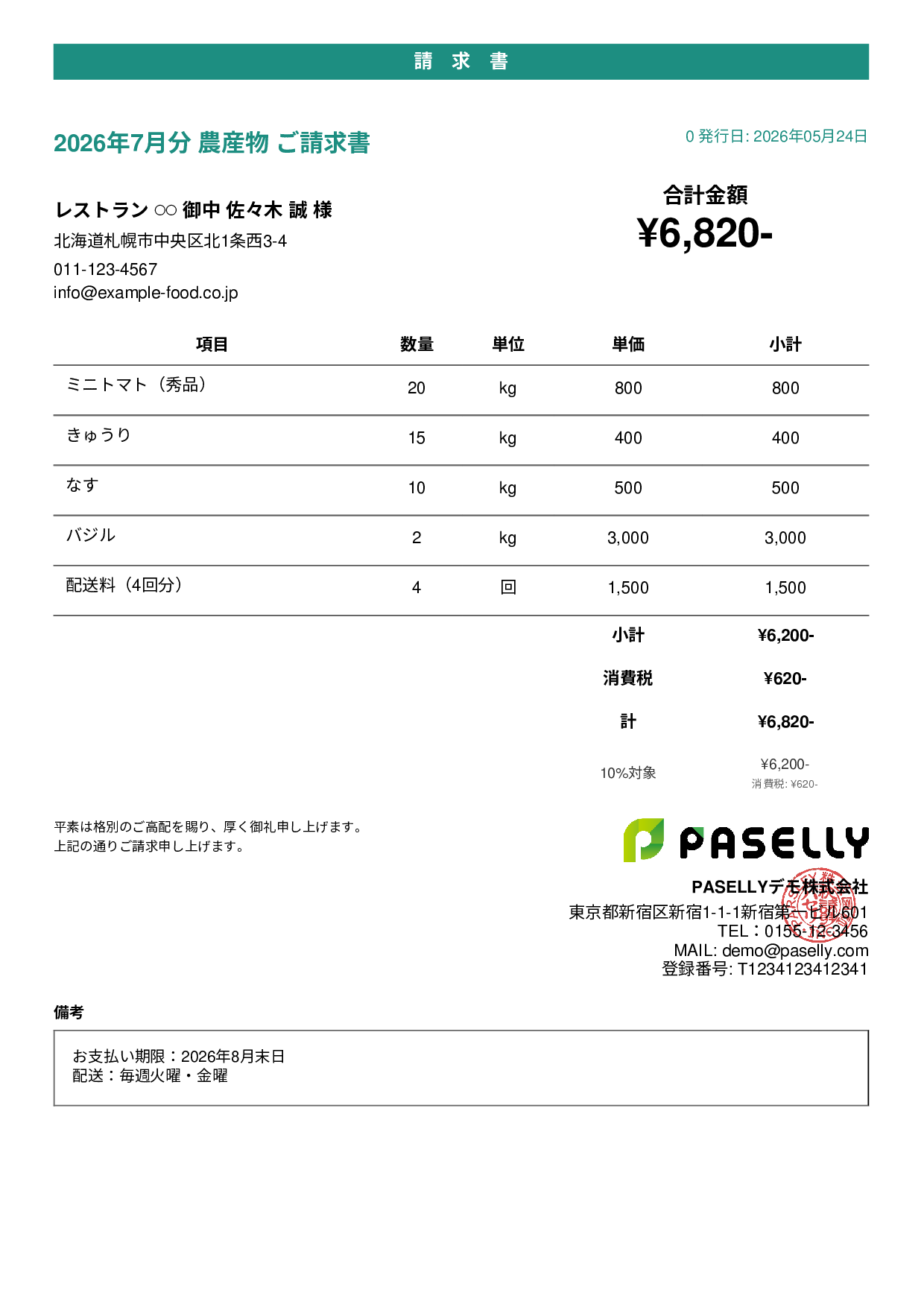 農産物 直売請求書 - カジュアル