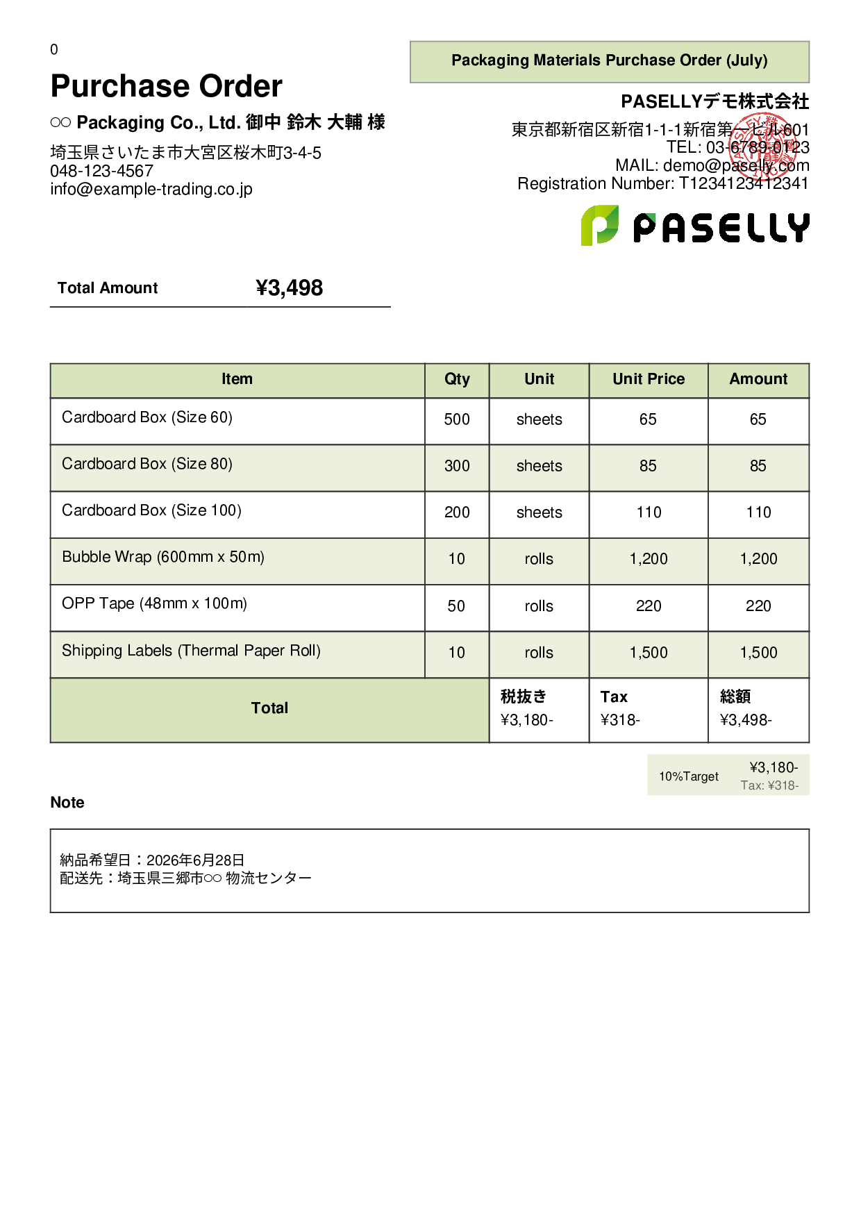 Logistics Packaging Materials Purchase Order - Panel