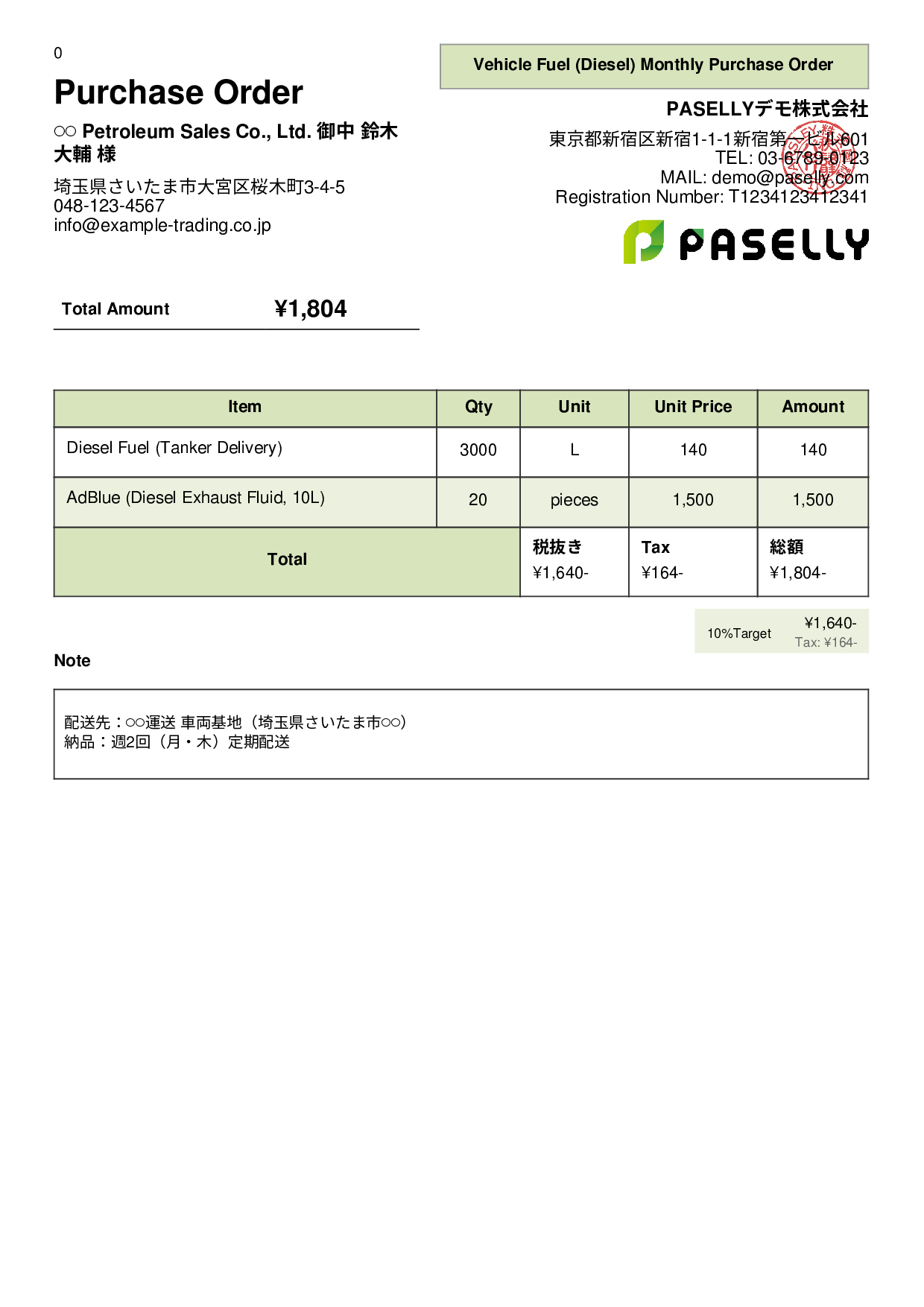 Logistics Vehicle Fuel Purchase Order - Panel