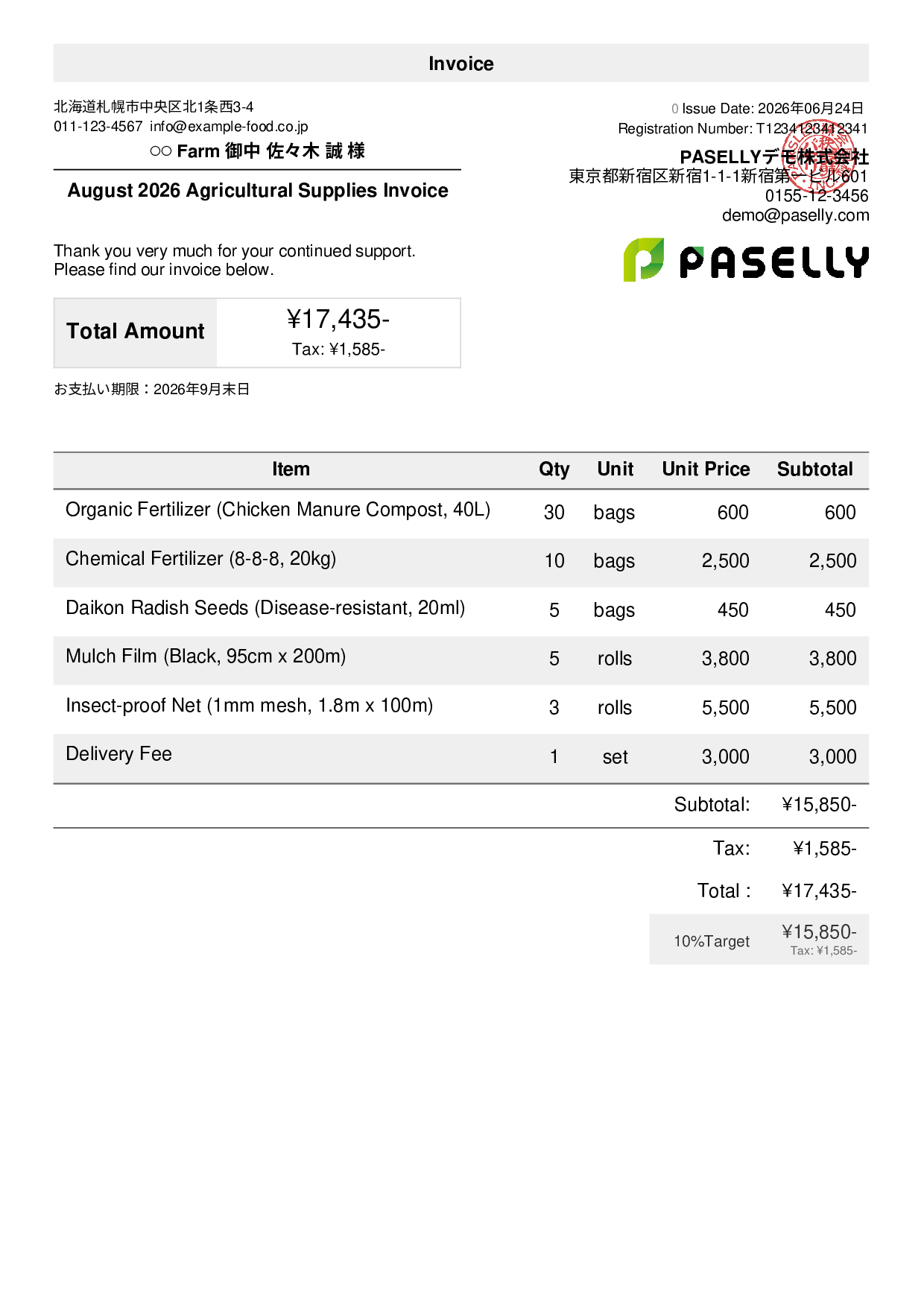 Agricultural Supplies Sales Invoice