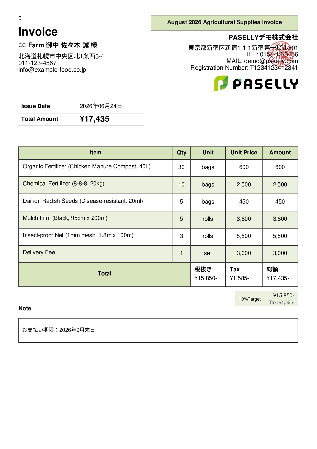 Agricultural Supplies Sales Invoice - Panel
