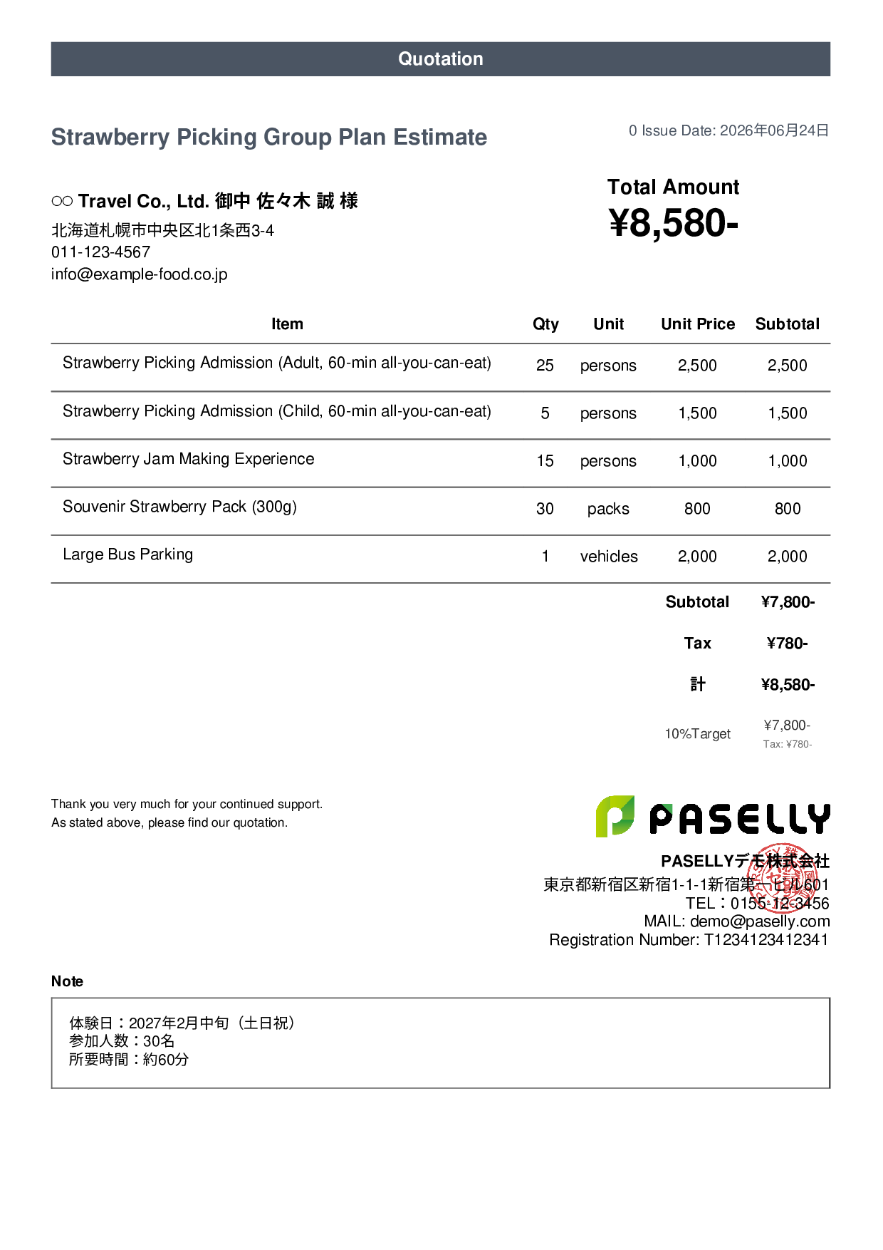Agritourism Group Plan Estimate - Casual