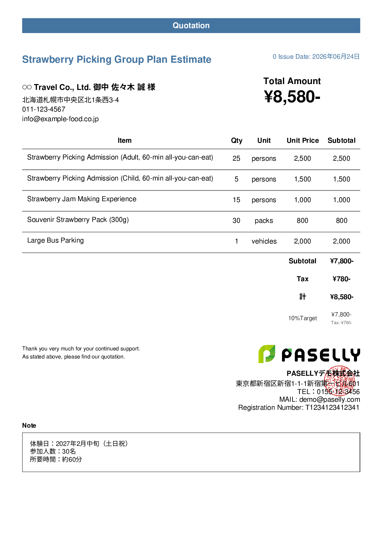 Agritourism Group Plan Estimate - Casual