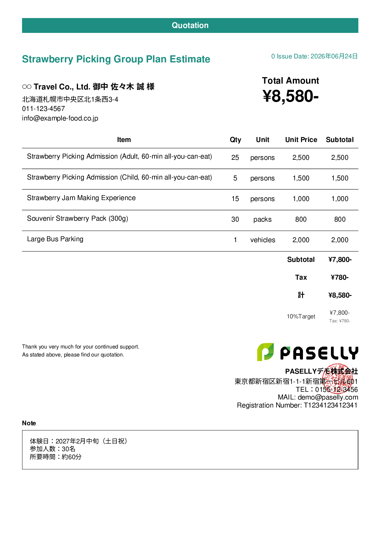 Agritourism Group Plan Estimate - Casual